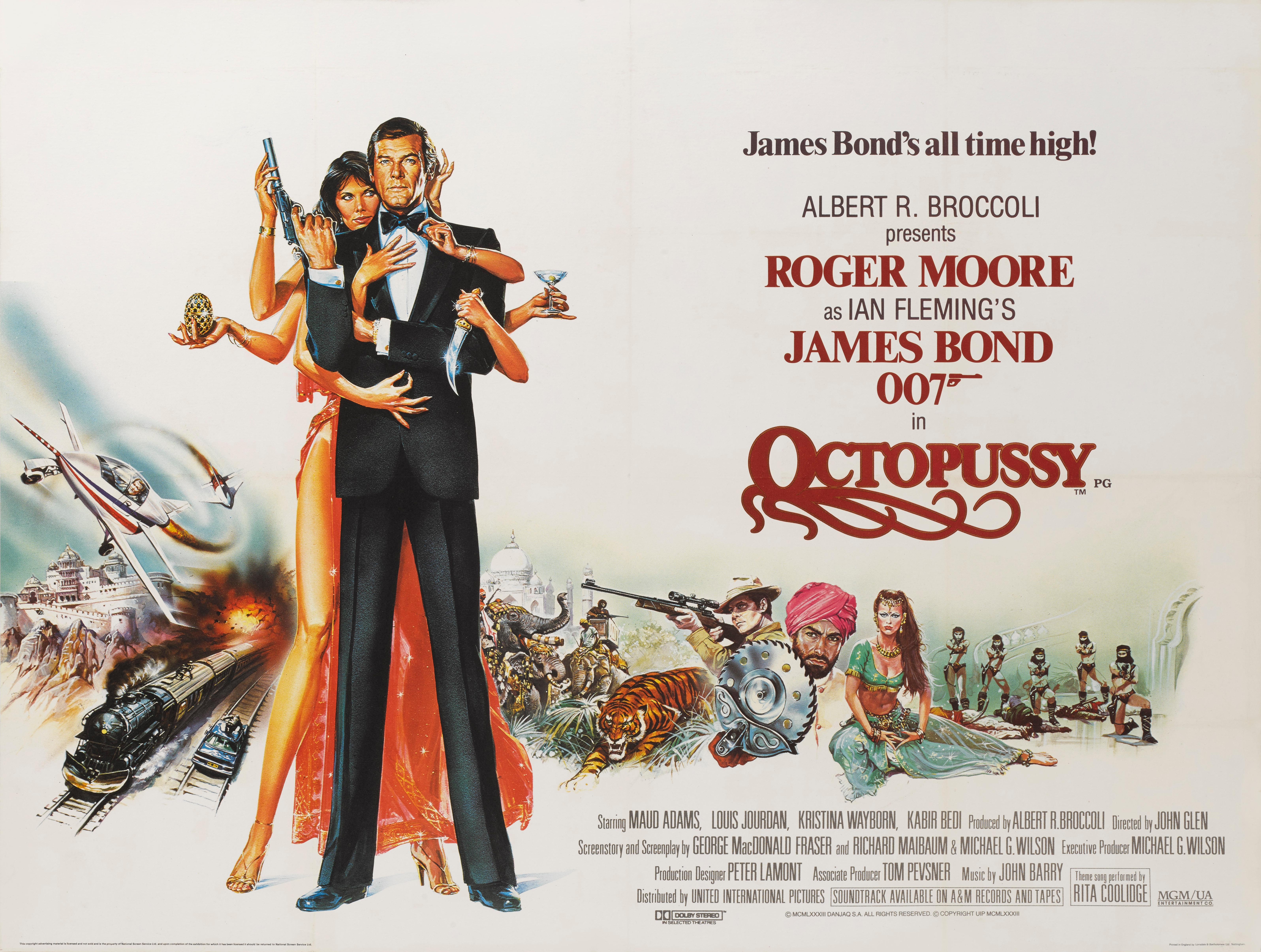 Affiche britannique originale du film Octopussy de James Bond (1983).
Il s'agit du treizième film de la série James Bond produit par Eon Productions, et du sixième film dans lequel Roger Moore incarne James Bond. Il a été réalisé par John Glen, et