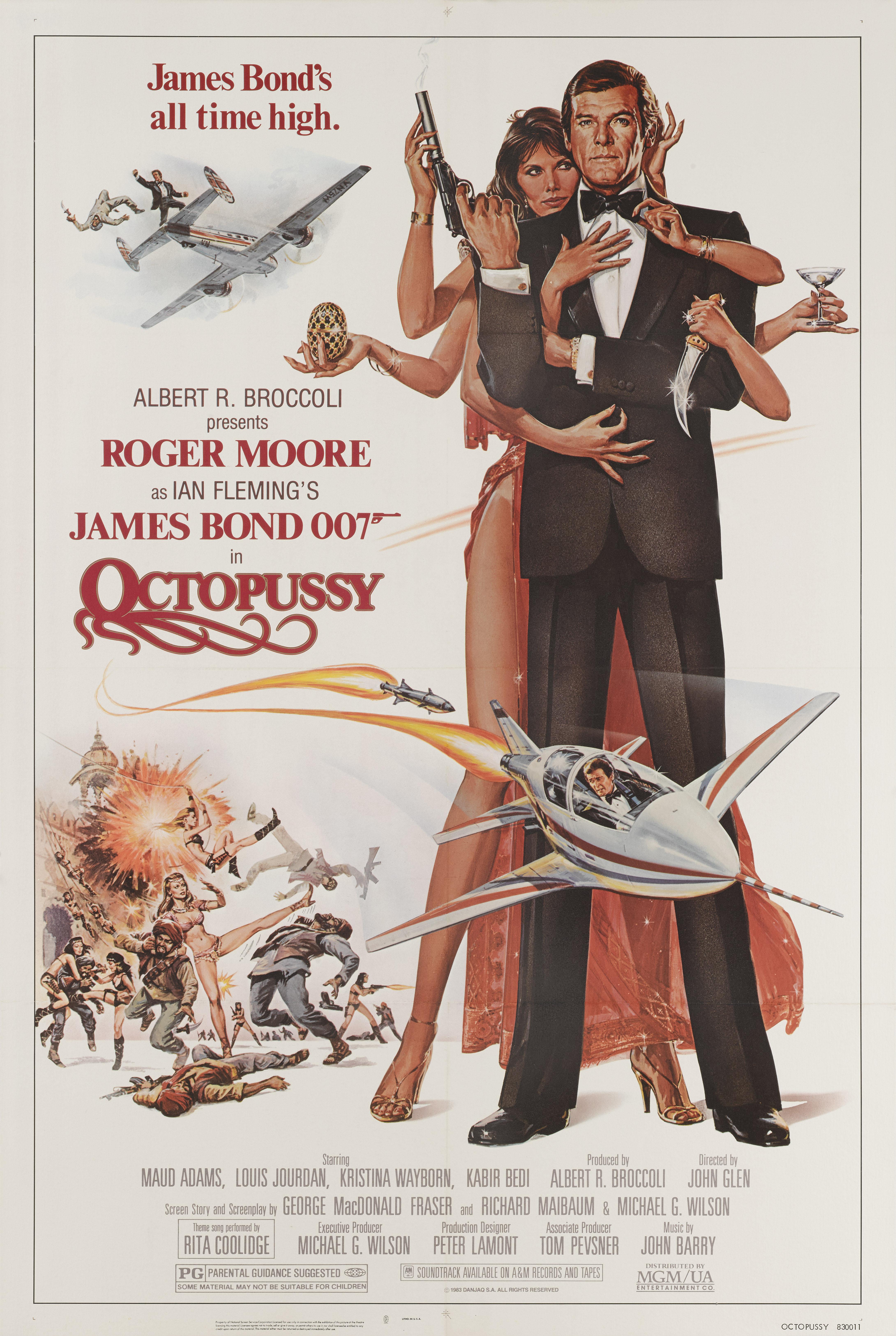Original US-Filmplakat für den James-Bond-Film Octopussy (1983).
Dies ist der dreizehnte Film der James-Bond-Reihe, der von Eon Productions produziert wird, und der sechste mit Roger Moore als James Bond in der Hauptrolle. Regie führte John Glen,