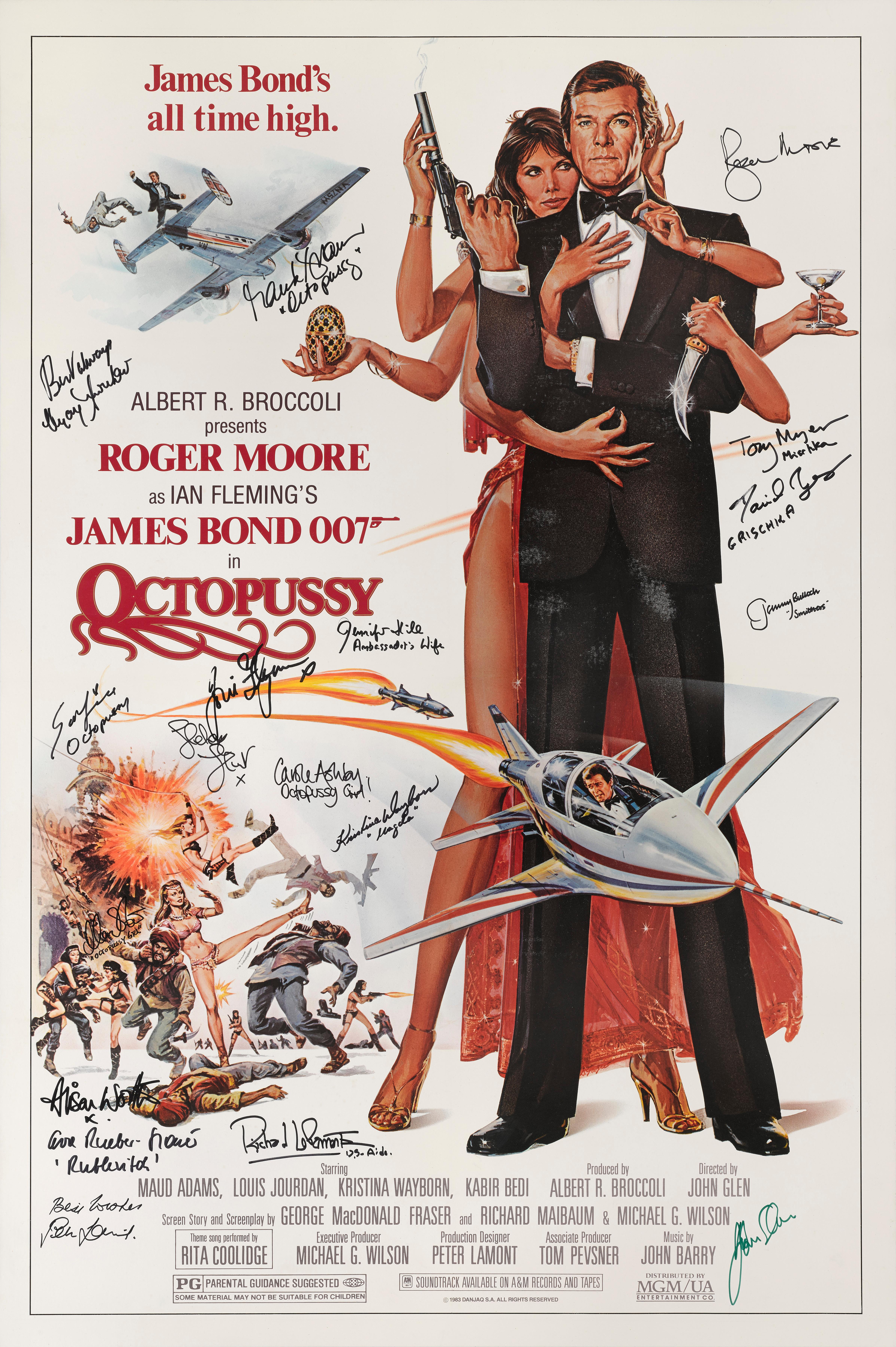 Original US-Filmplakat für den James-Bond-Film Octopussy (1983).
Dies ist der dreizehnte Film der James-Bond-Reihe, der von Eon Productions produziert wird, und der sechste mit Roger Moore als James Bond in der Hauptrolle. Regie führte John Glen,