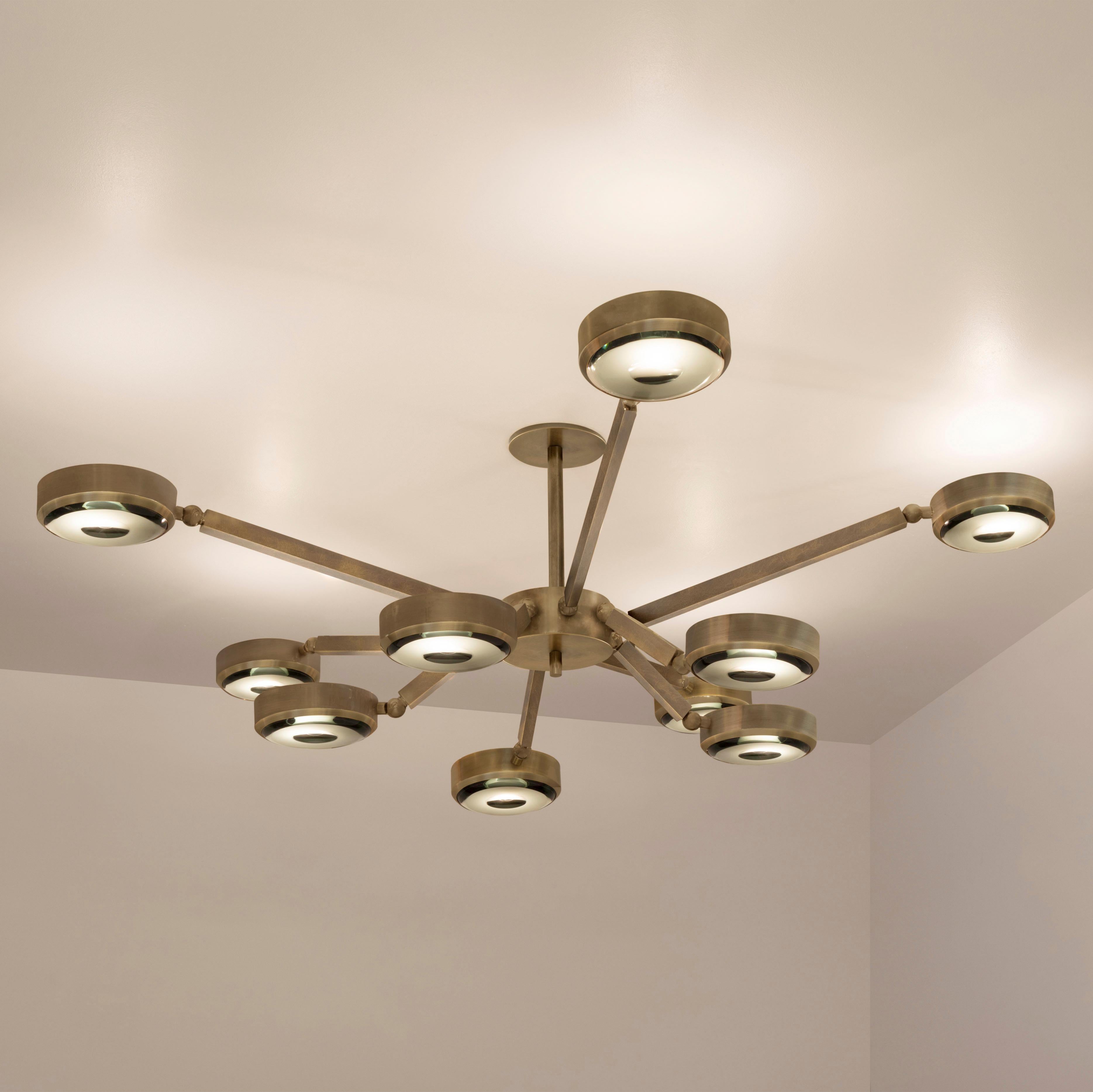 The Oculus ceiling light features an innovative articulating design that allows the ten arms to have a wide range of motion for endless configurations. The brass constructed frame can be flush mounted or installed on a stem and is fitted with our