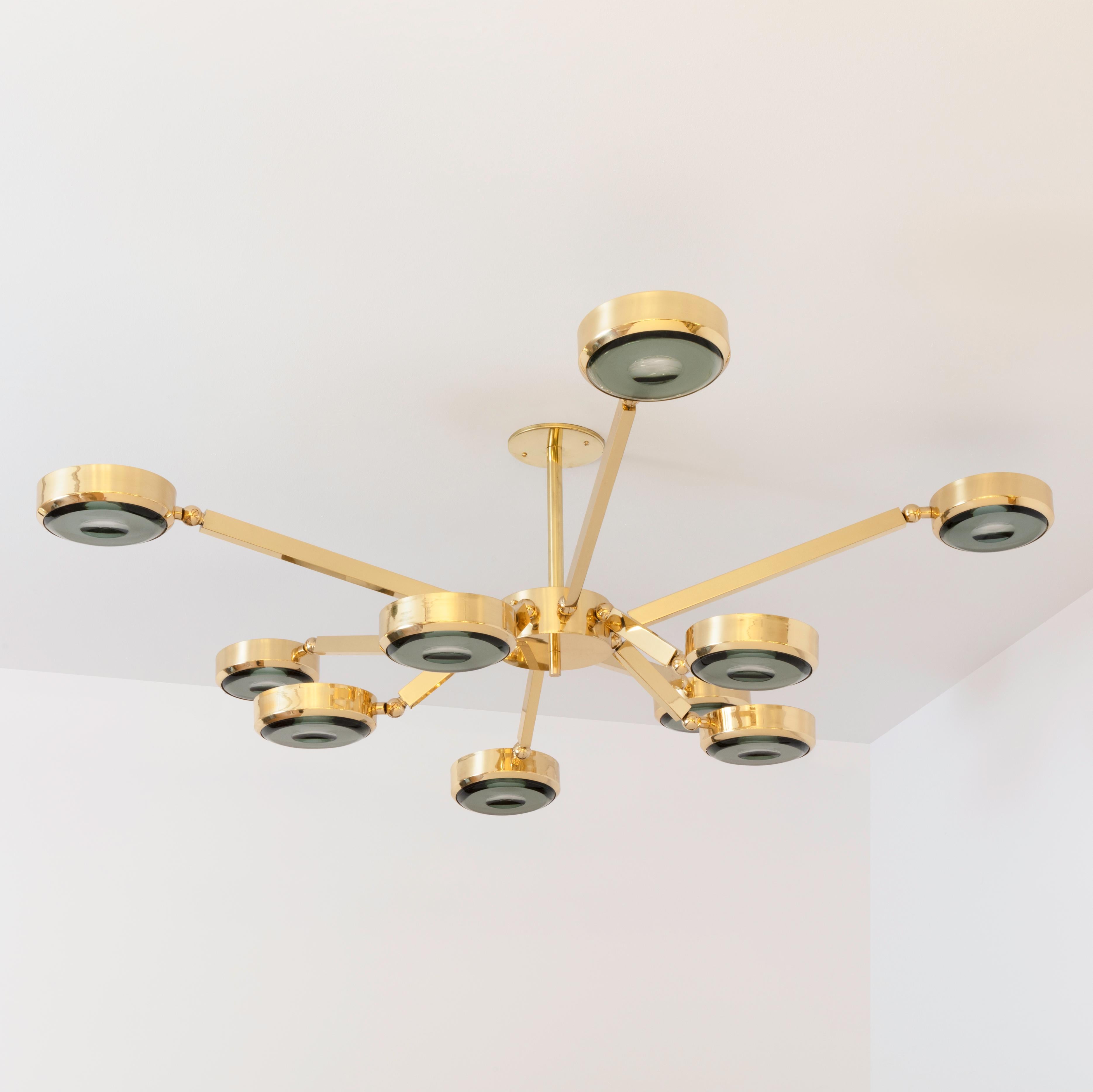 Italian Oculus Articulating Ceiling Light by Gaspare Asaro-Polished Brass Carved Glass  For Sale