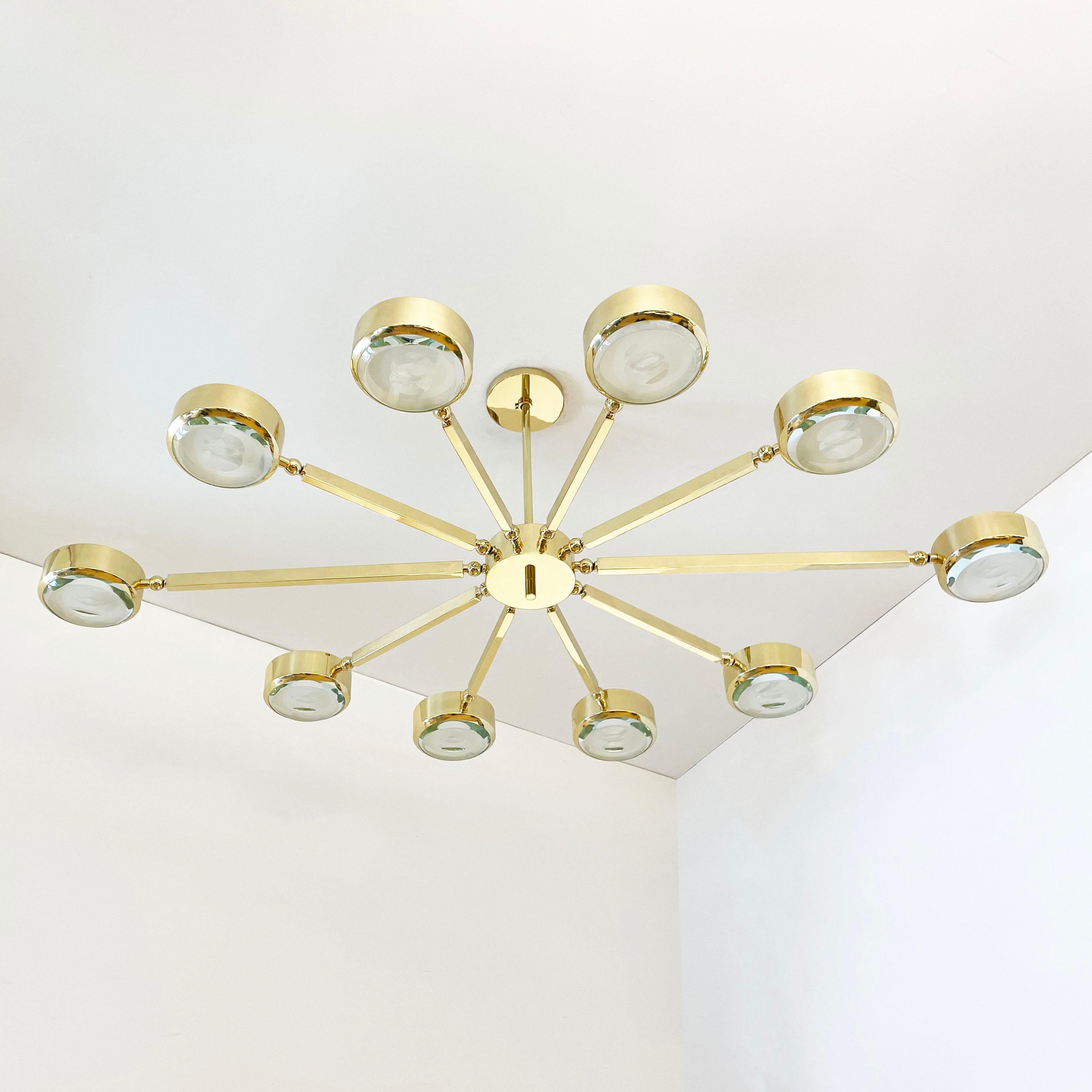Oculus Oval Ceiling Light by Gaspare Asaro- Polished Brass with Carved Glass In New Condition For Sale In New York, NY