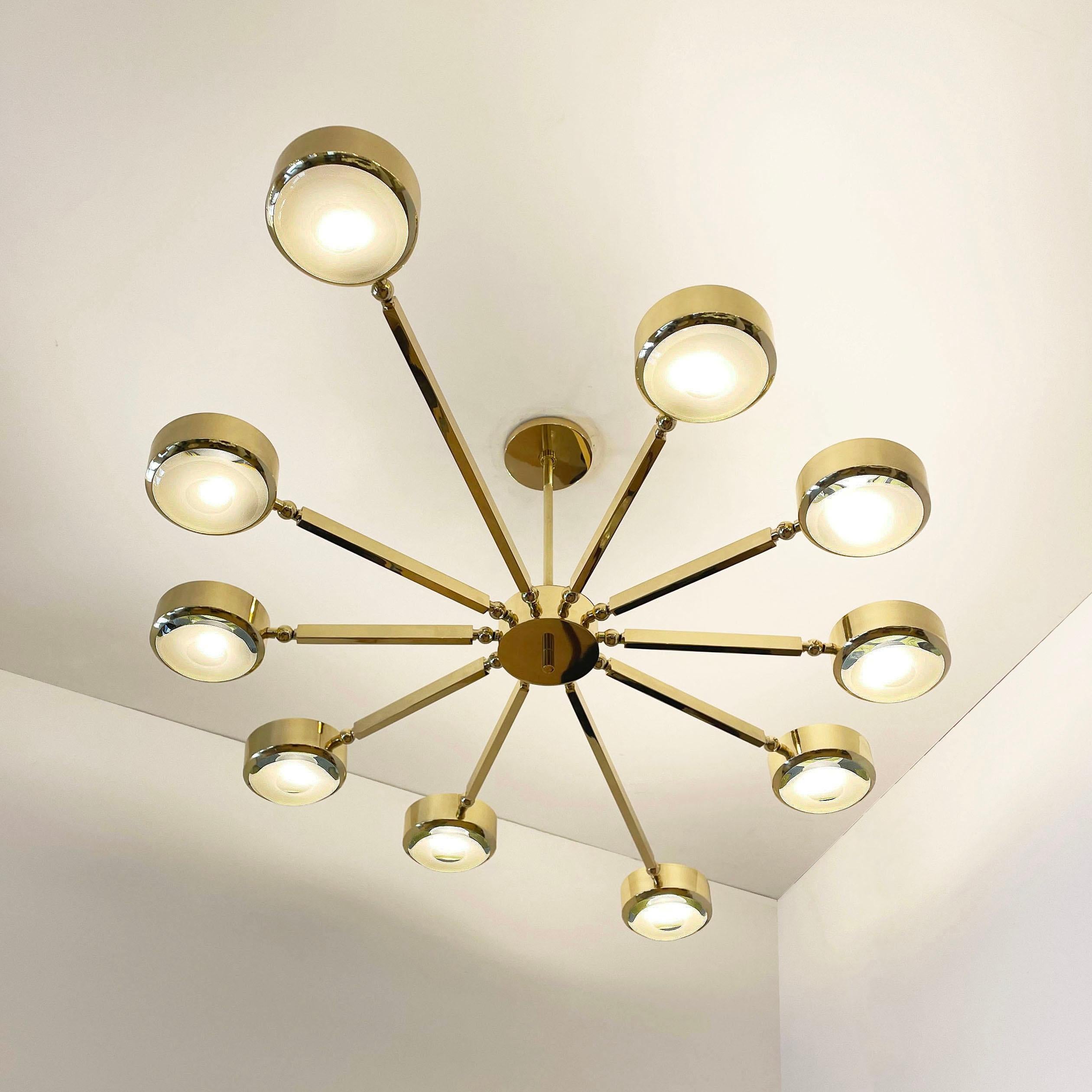 The Oculus ceiling light features an innovative articulating design that allows the ten arms to have a wide range of motion for endless configurations. The brass constructed frame can be flush mounted or installed on a stem and can be fitted with