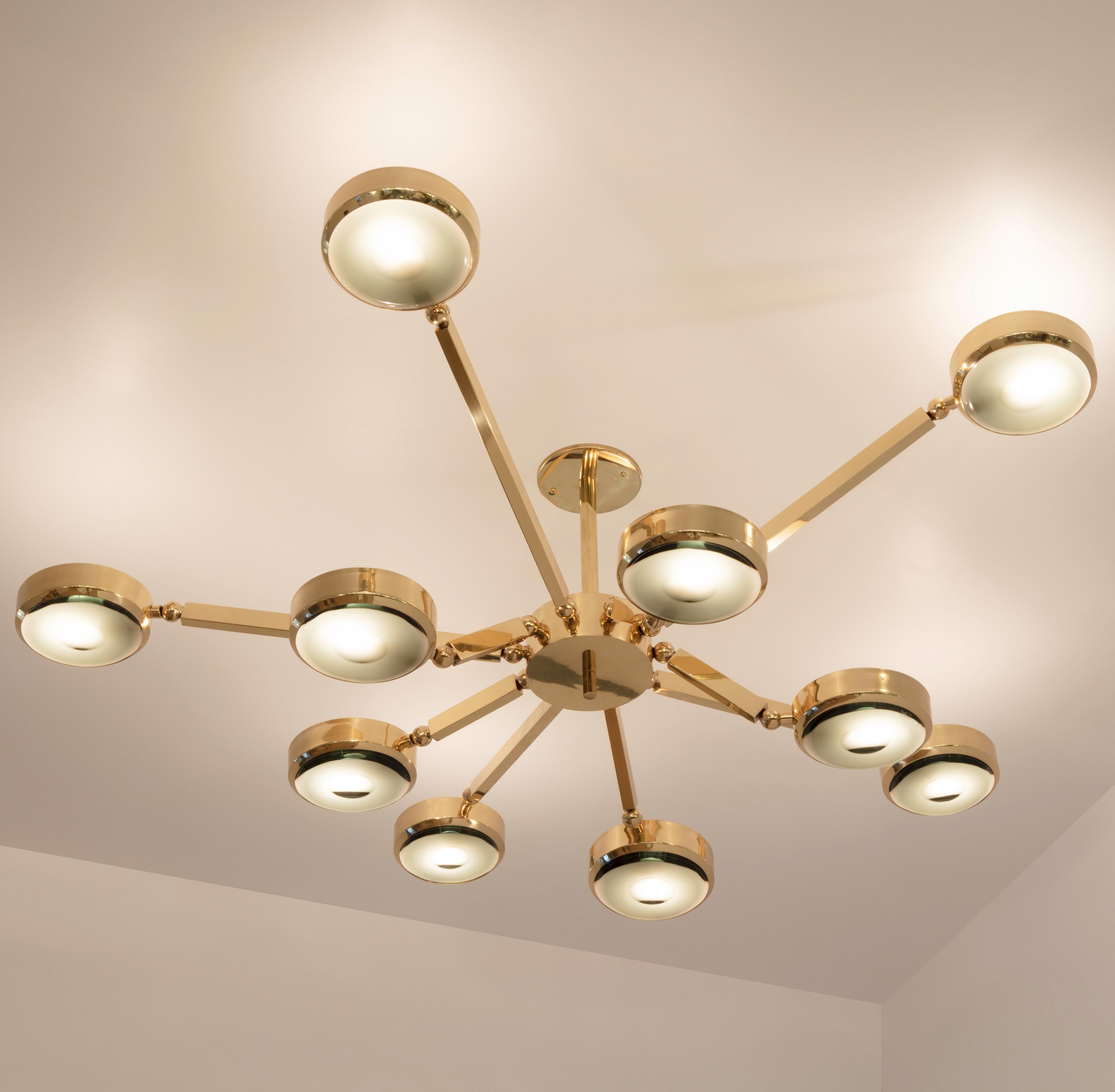 The Oculus ceiling light features an innovative articulating design that allows the ten arms to have a wide range of motion for endless configurations. The brass constructed frame can be flush mounted or installed on a stem and is fitted with our