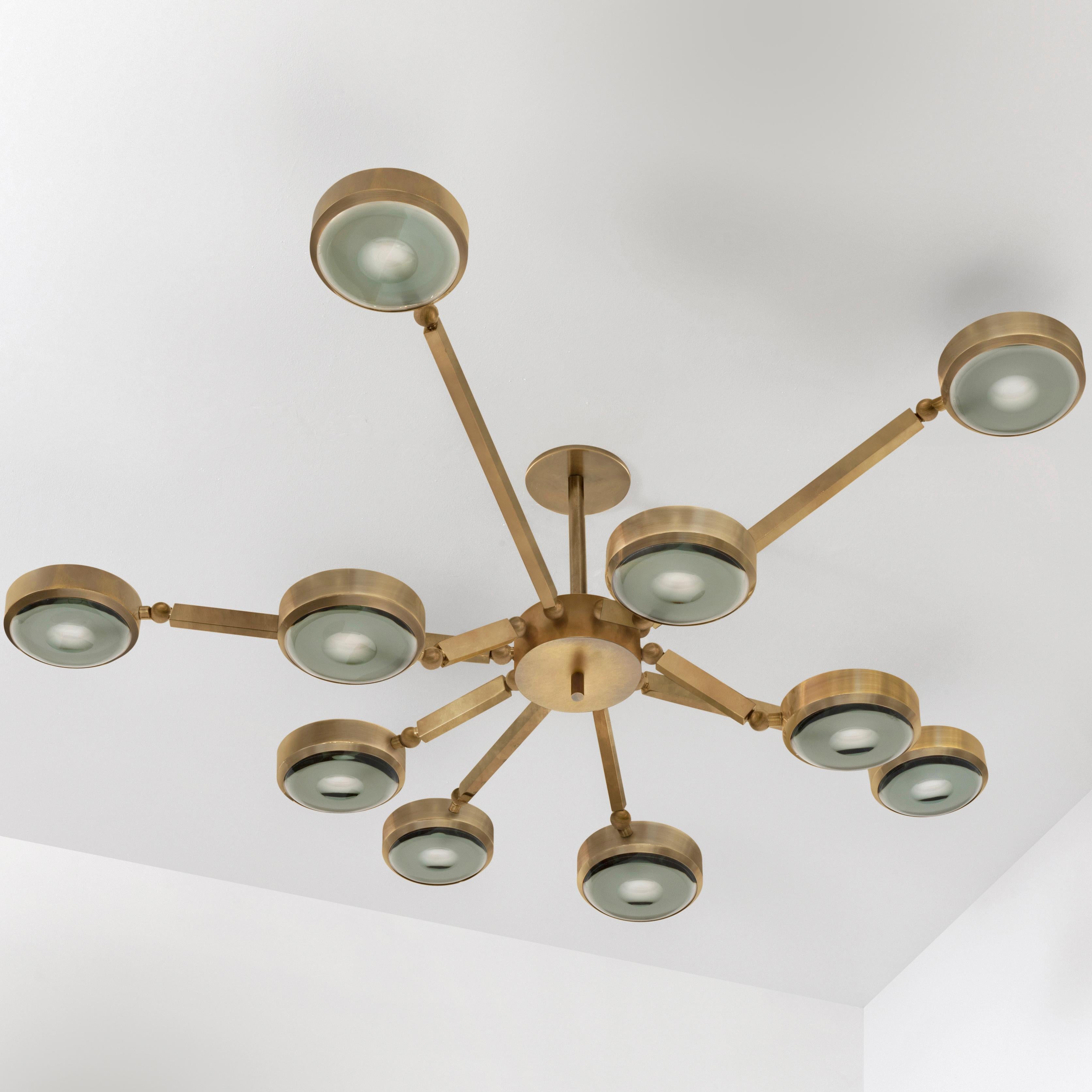 Italian Oculus Articulating Ceiling Light- Polished Brass Finish and Carved Glass For Sale