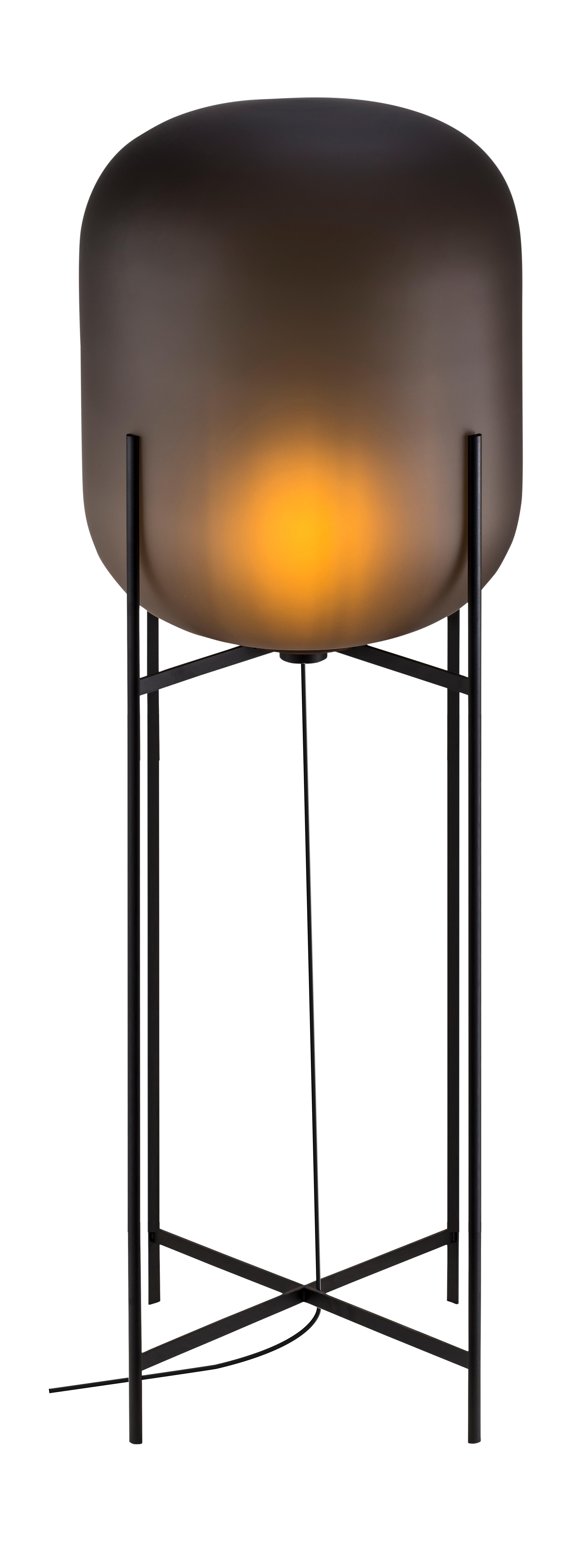 Oda big smoky grey acetato black floor lamp by Pulpo
Dimensions: D45 x H140 cm
Materials: handblown glass coloured and steel.

Also available in different finishes. 

A slender base hugs a bulbous form. An industrial motif softened by the gentle