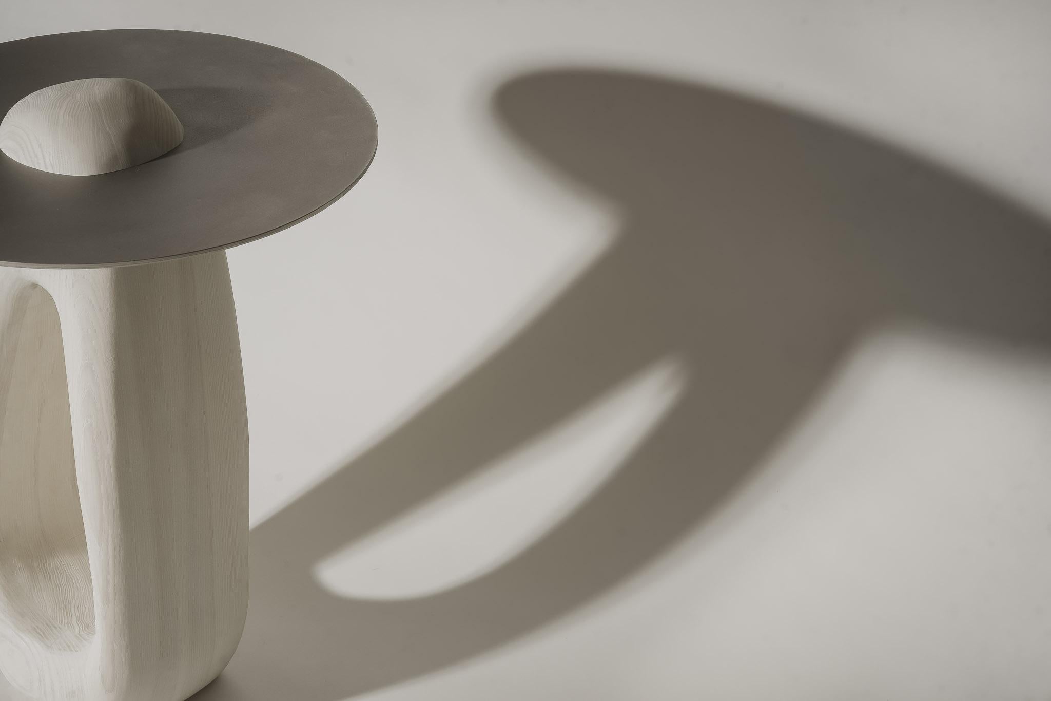 Odace, Contemporary Side Table, Carved Ash Base & Steel Top by Nadine Hajjar In New Condition For Sale In Montreal, QC