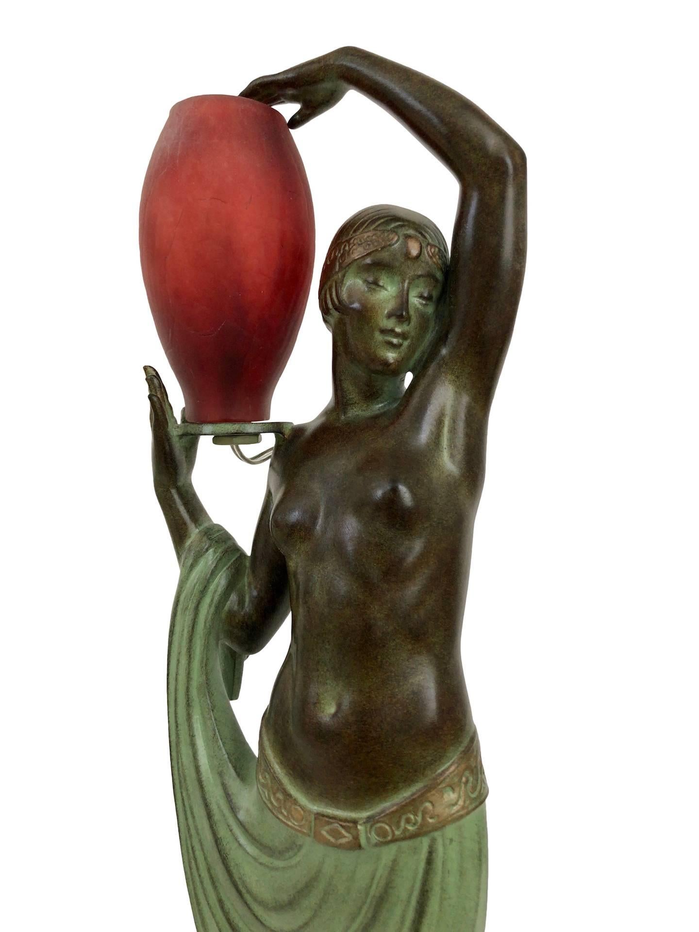 Art Deco Odalisque by Fayral Original Max Le Verrier Lighted Sculpture Lamp in Spelter