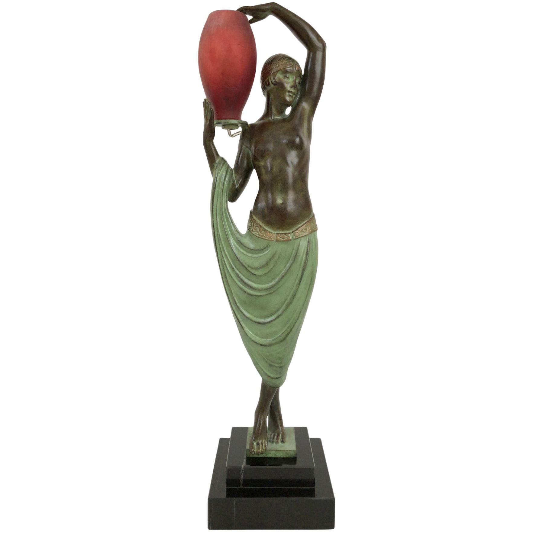 Odalisque by Fayral Original Max Le Verrier Lighted Sculpture Lamp in Spelter