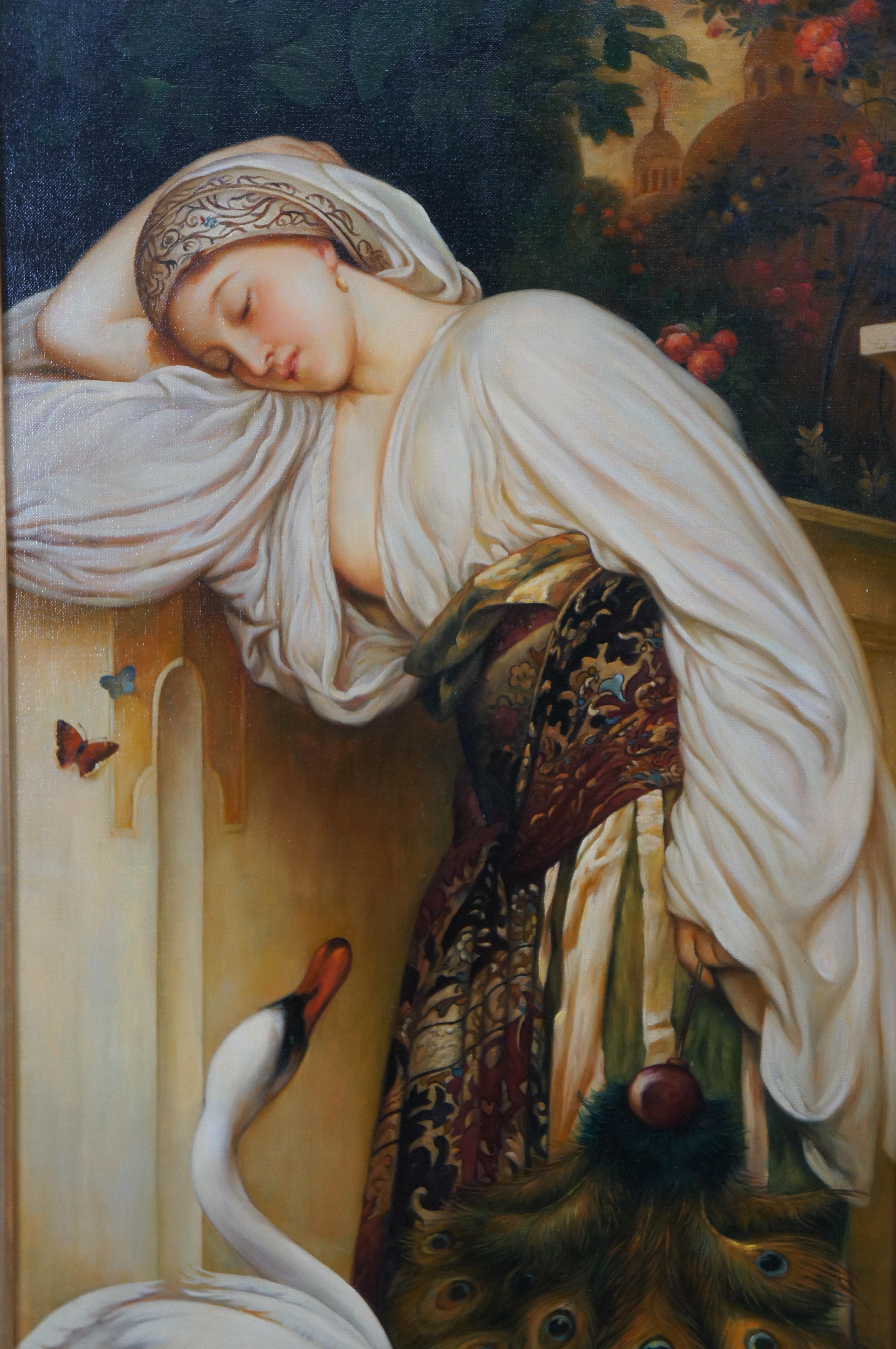 20th Century Odalisque Contemporary School Oil Painting After Frederick Leighton Woman Swan