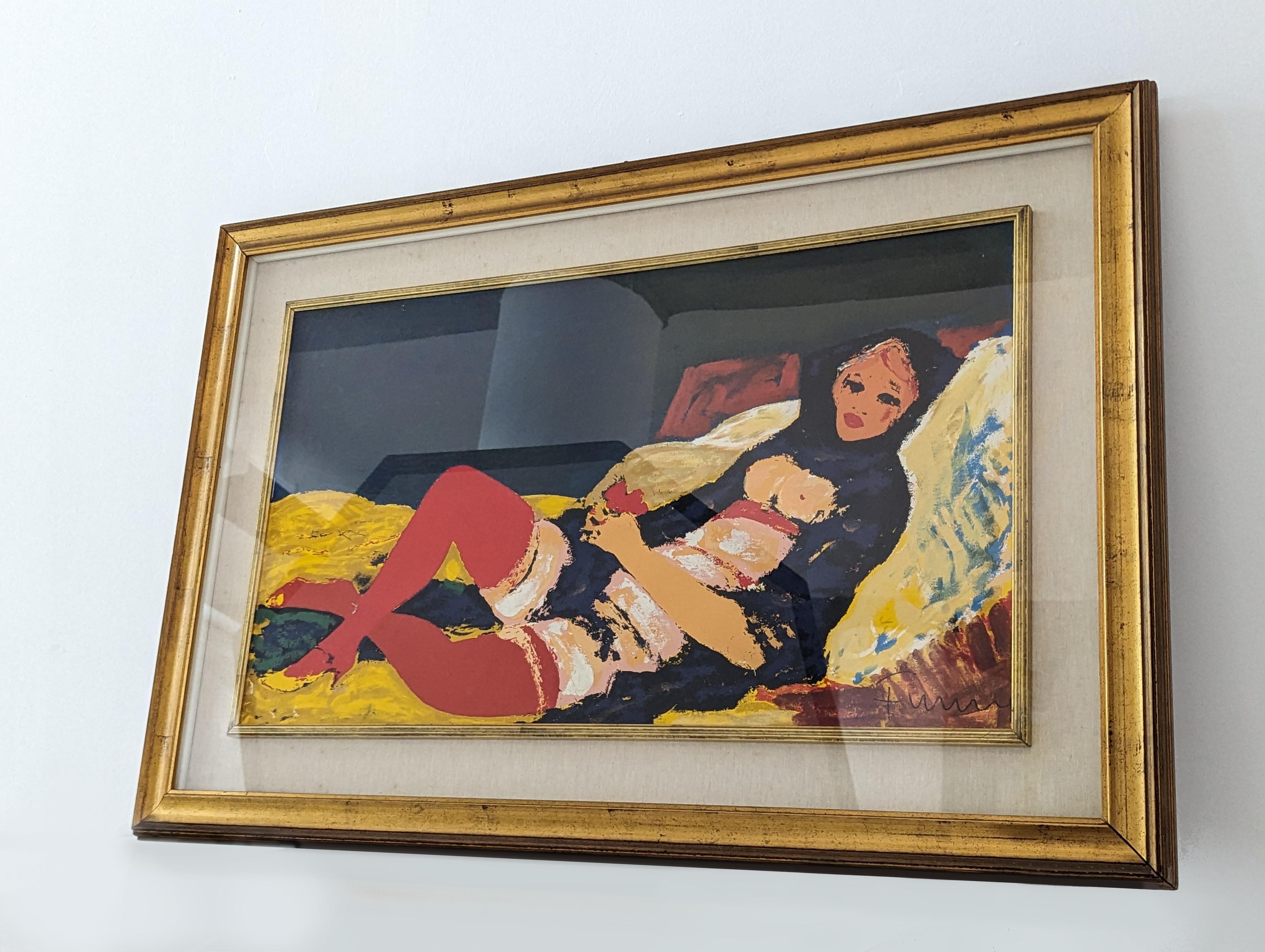 Portrait of a young woman titled Odalisque, silk-screened work of art on canvas made by Salvatore Fiume in the 70s. Signed in one corner and written proof of authorship on the back. Salvatore Fiume (1915 - 1997) was an Italian painter, sculptor,