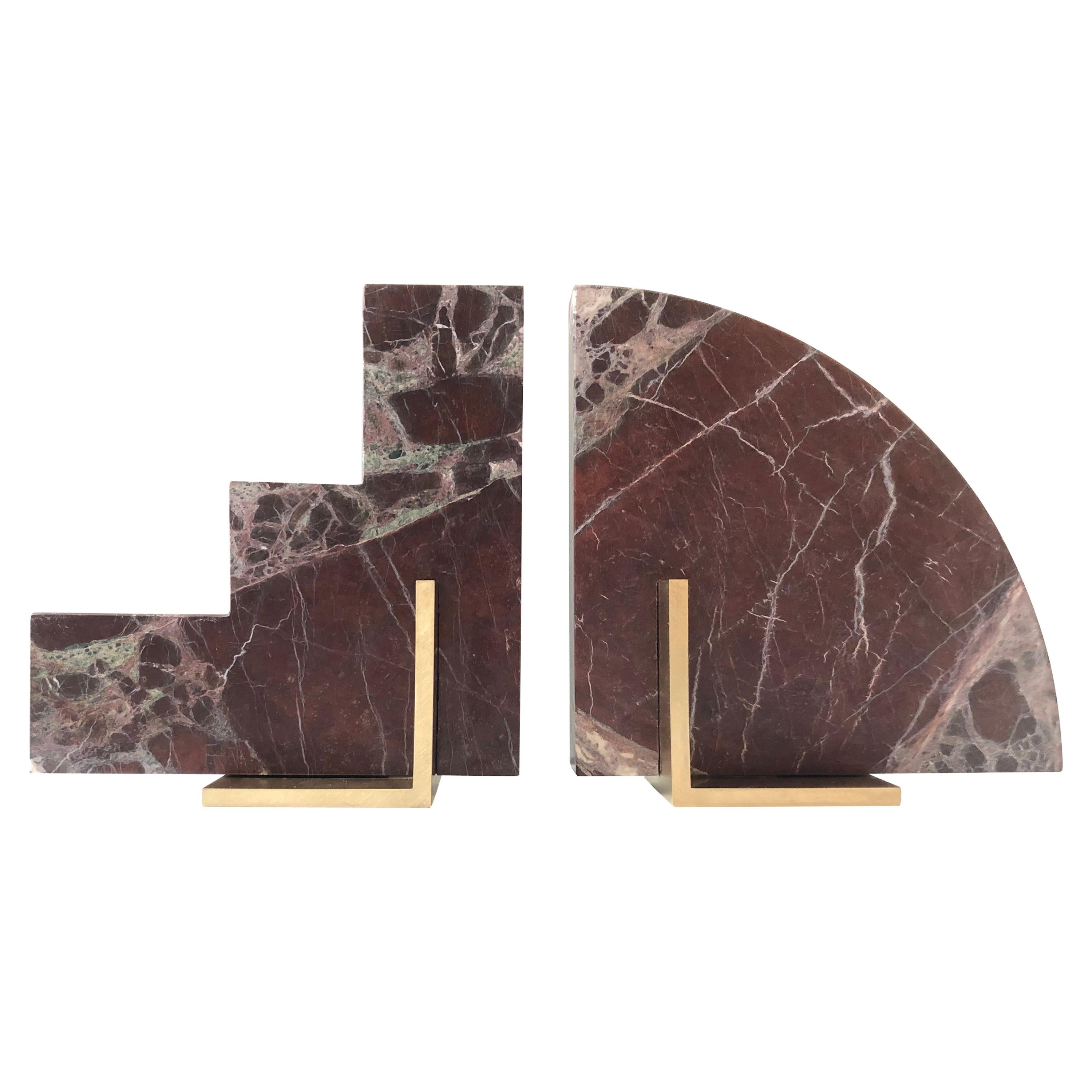 Odd Couple Bookends in Rosso Levanto Marble and Brass For Sale