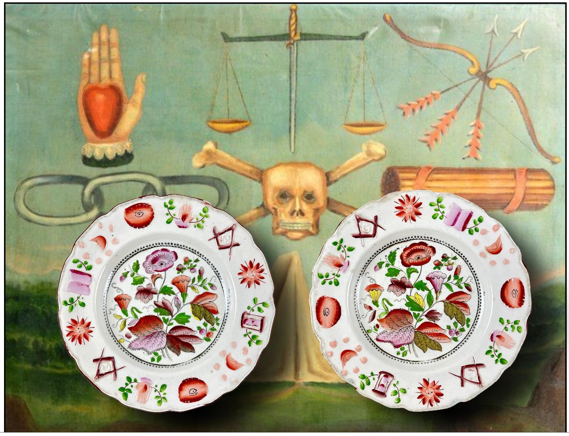 Romantico Piatto dipinto a lustro Odd Fellow / Mason Pearlware - a in vendita