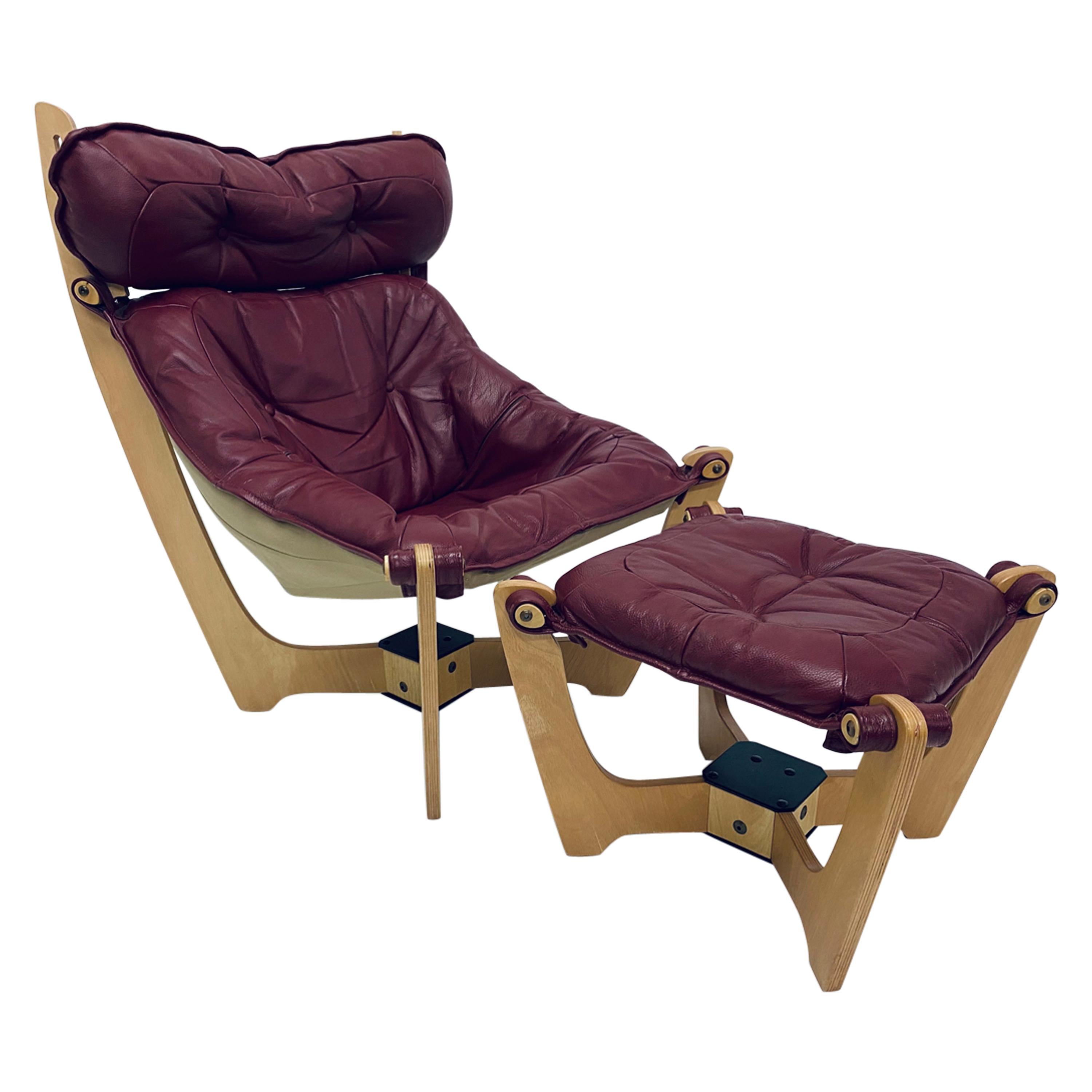 Odd Knutsen "Luna" Leather Sling Lounge Chair and Footrest for Hjellegjerde
