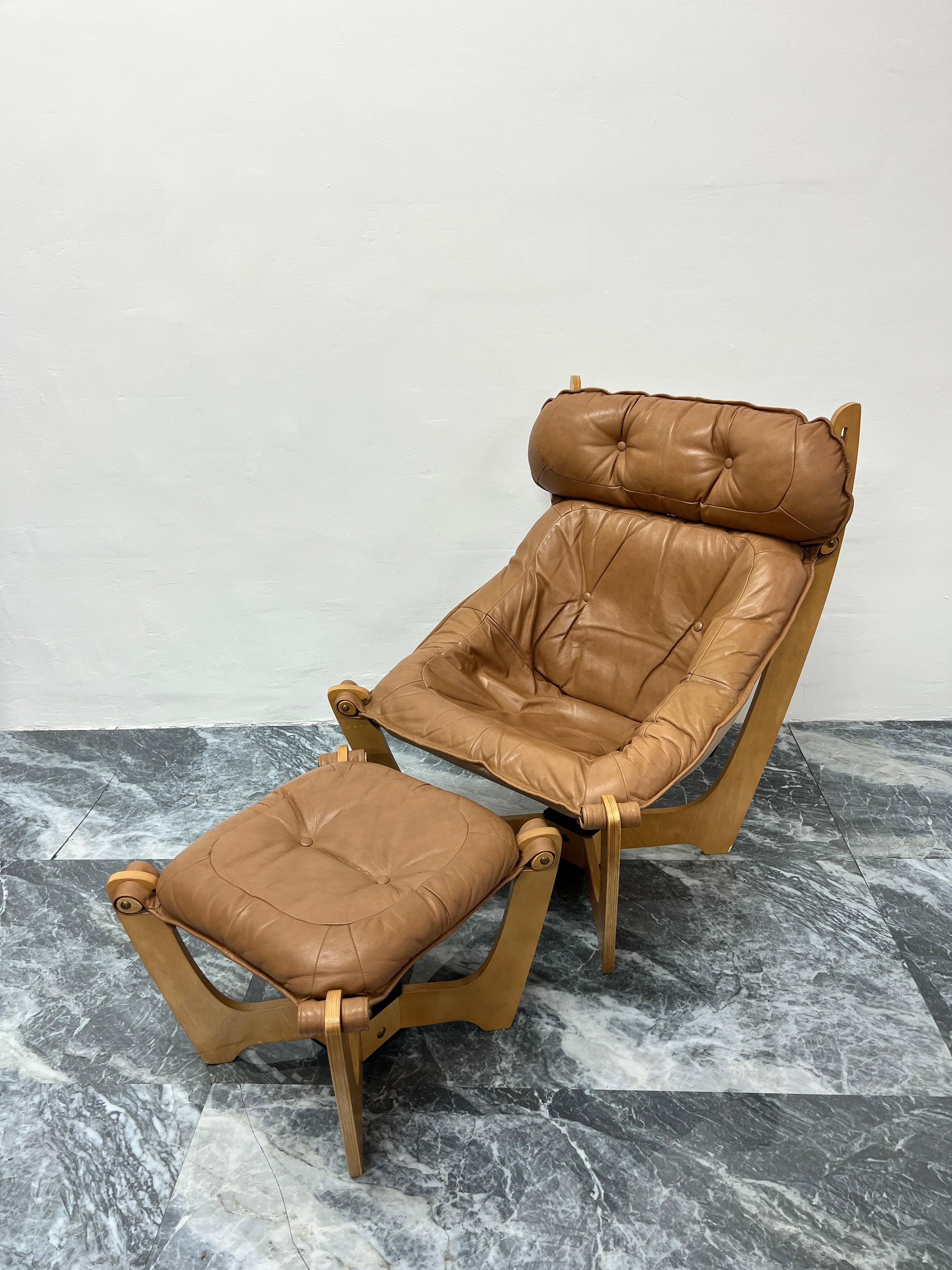 Thai Odd Knutsen Luna Leather Sling Lounge Chairs and Footrests, a Pair