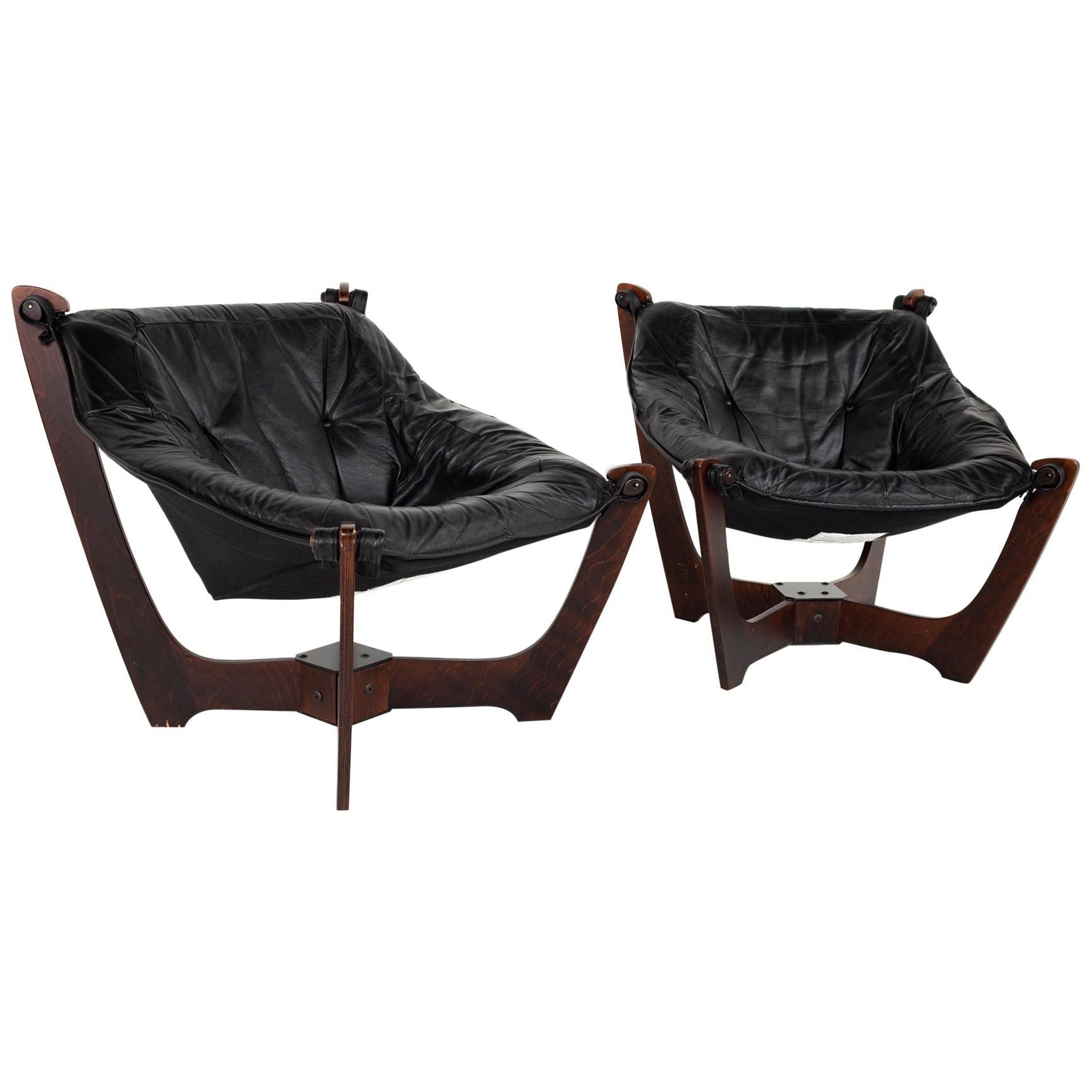 Odd Knutsen Mid Century Luna Leather Lounge Chairs, Pair