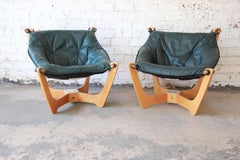 Pair of Odd Knutsen Teak Luna Chairs in Green Aniline Leather