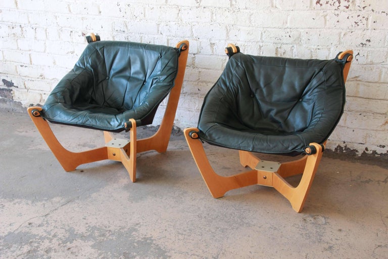 Pair of Odd Knutsen Teak Luna Chairs in Green Aniline Leather at 1stDibs vintage luna chair