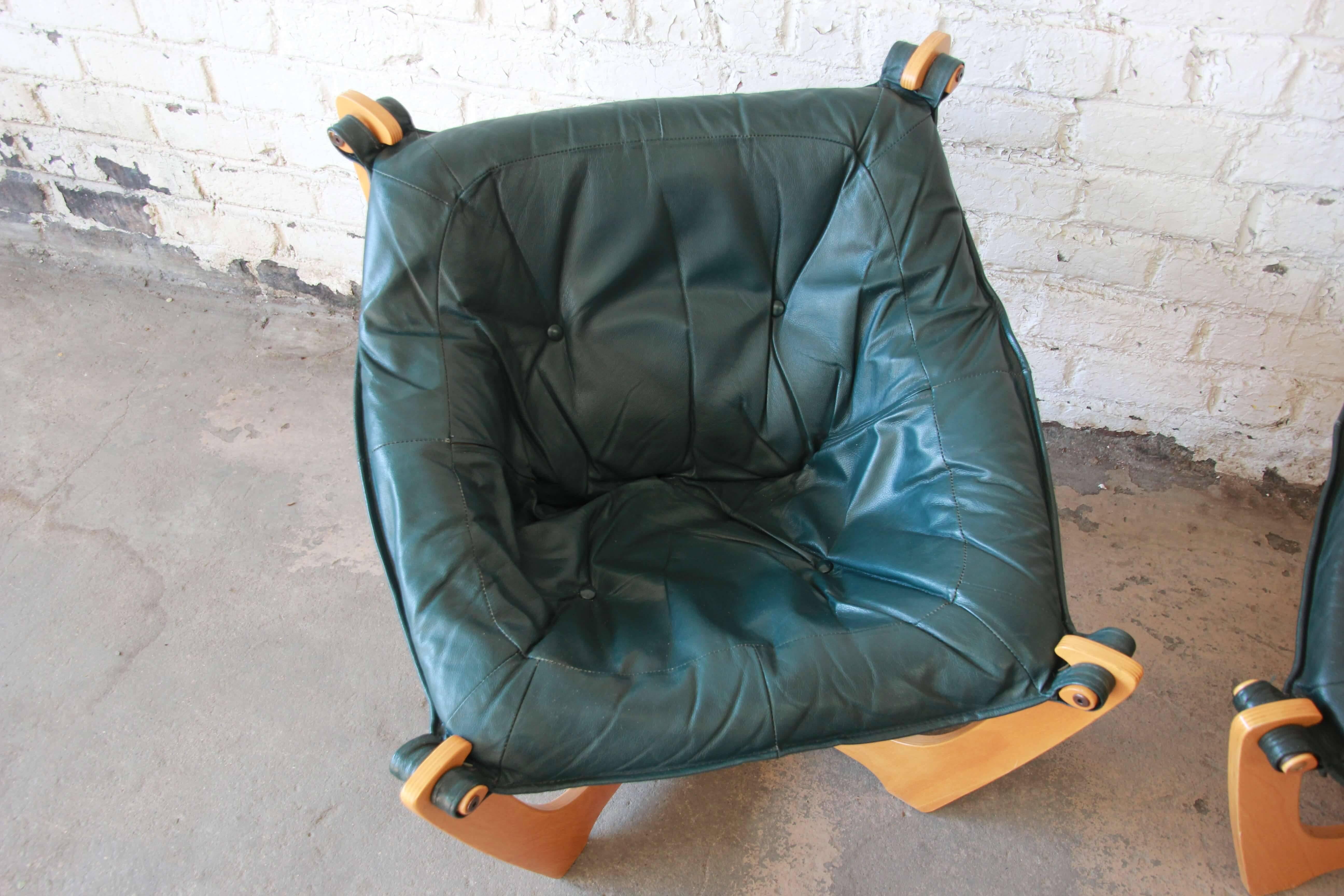 Scandinavian Modern Pair of Odd Knutsen Teak Luna Chairs in Green Aniline Leather
