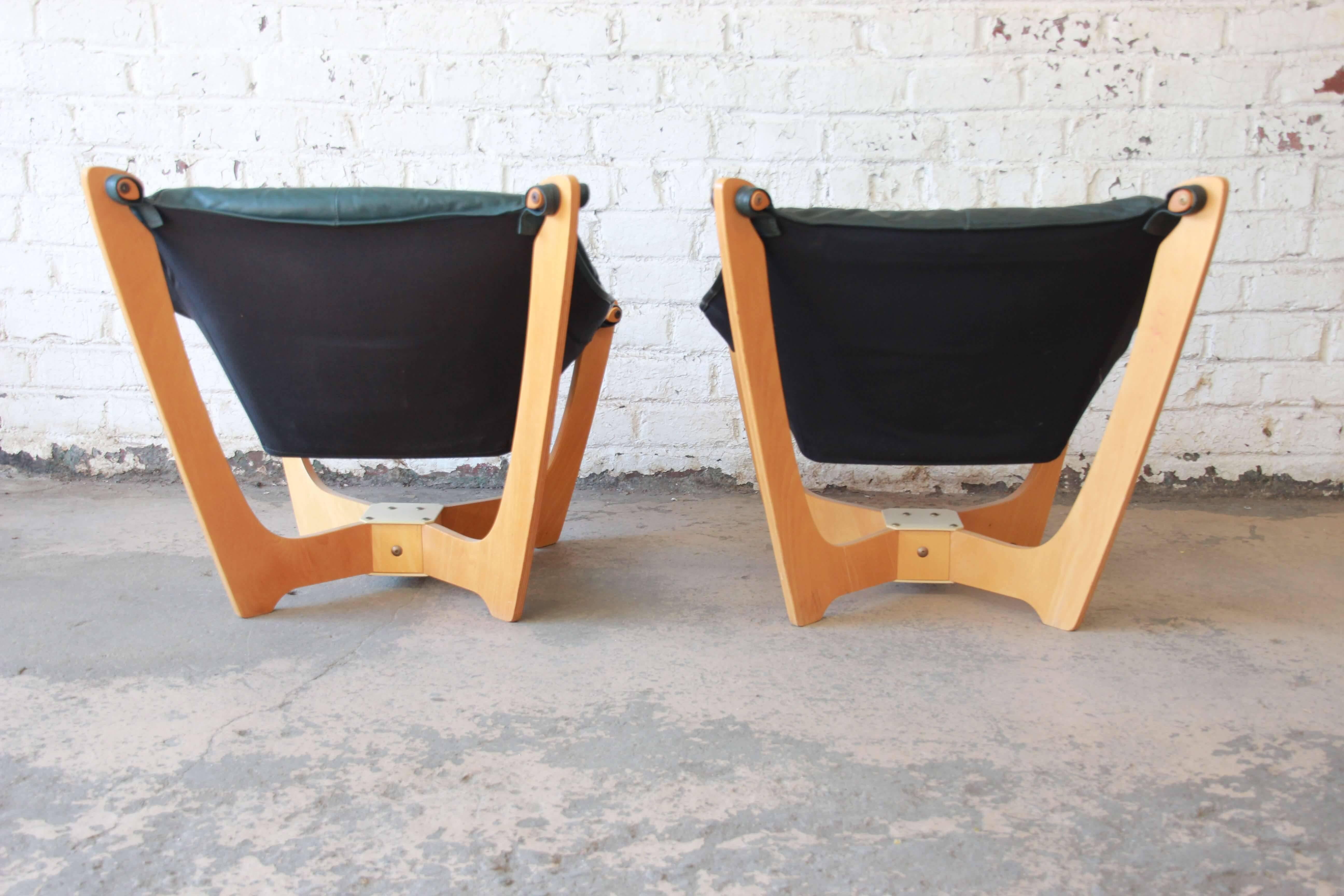 Pair of Odd Knutsen Teak Luna Chairs in Green Aniline Leather 1