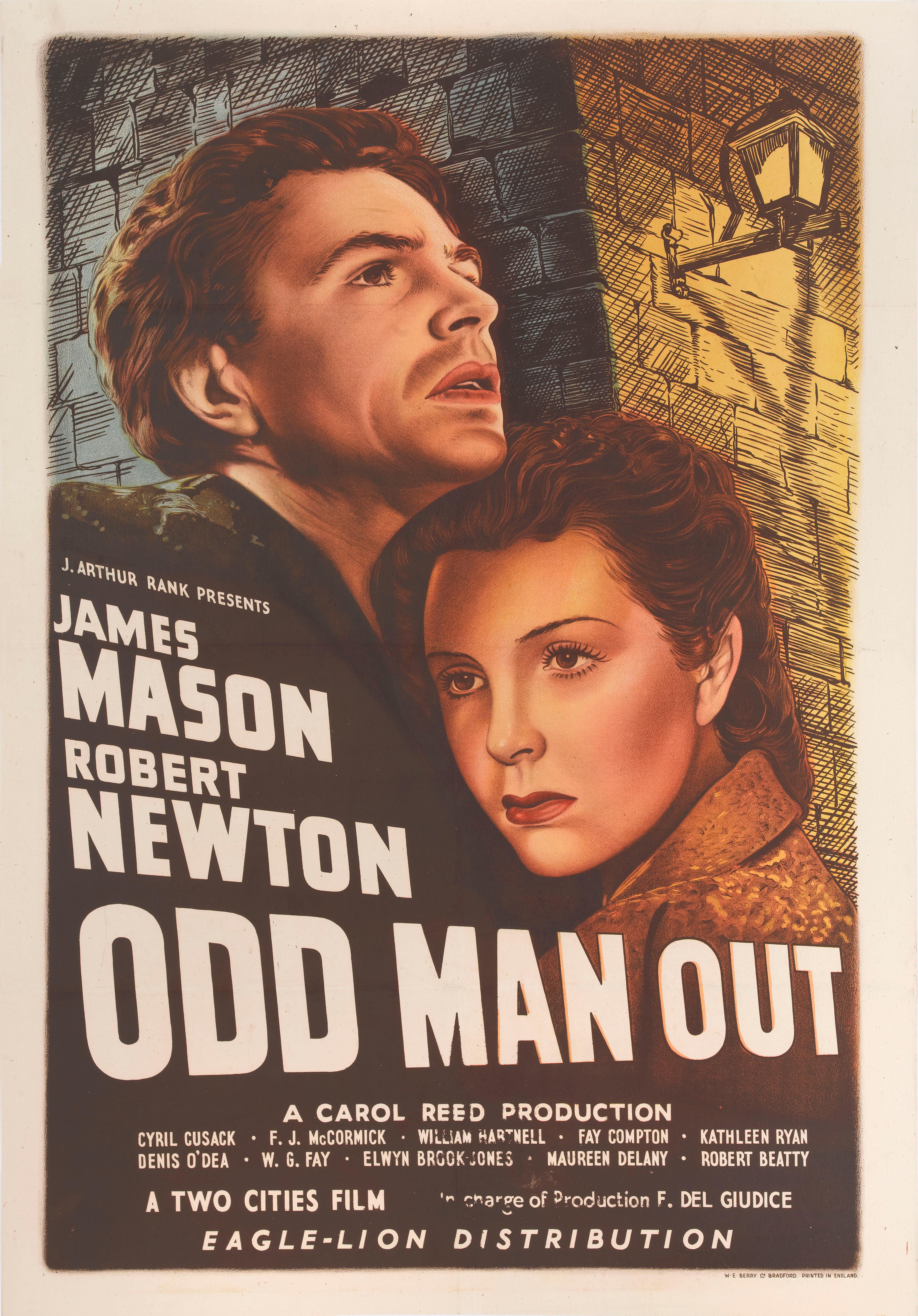 Original British Film poster from the first release of the film in the UK in 1948
Odd Man Out is a classic British film that fits the film noir definition in almost every respect. It's one of the milestones of its era, highlighted by what is