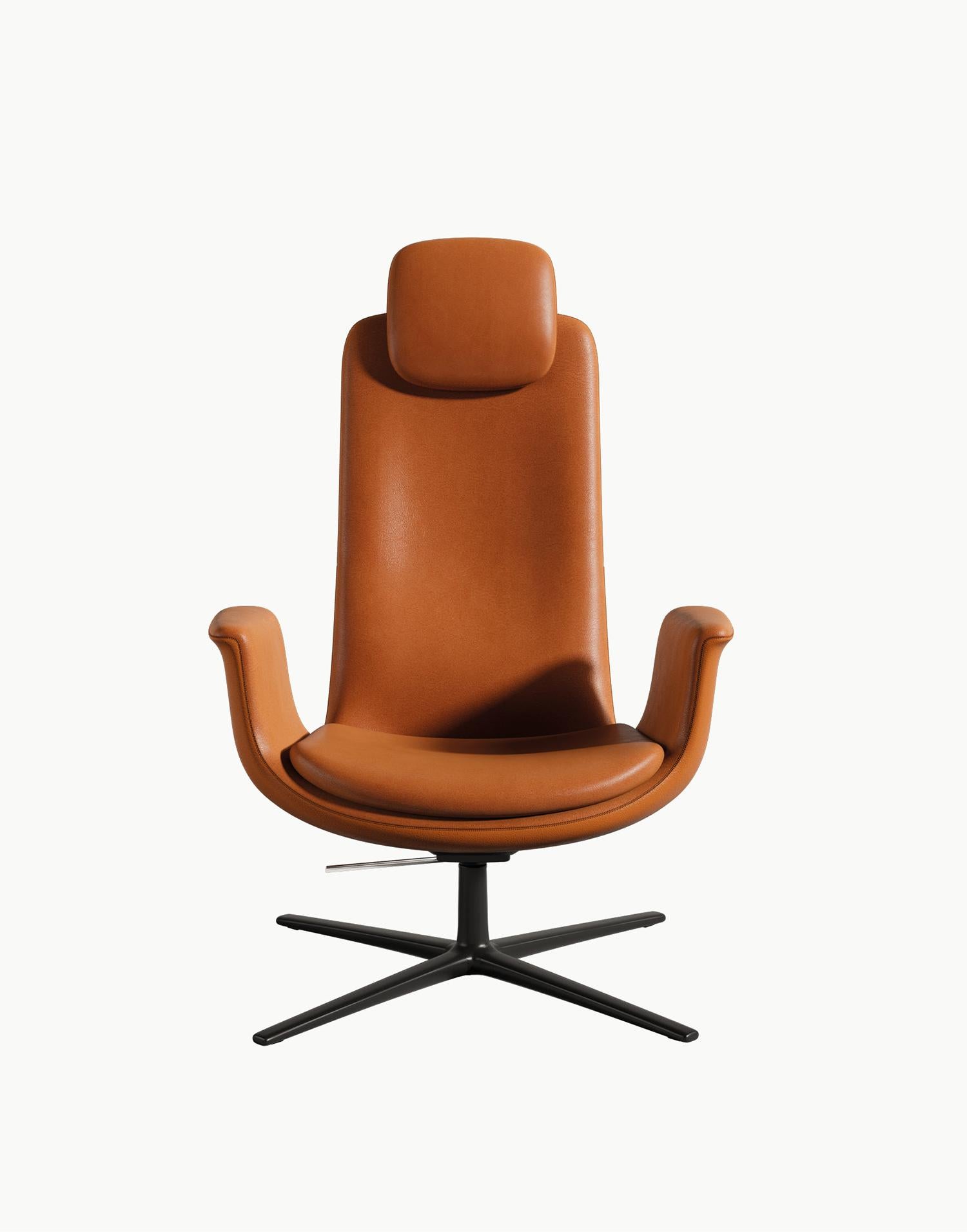 Oddysey Brown Small Headrest Armchair by Eugeni Quitllet
Dimensions: D 75 x W 81 x H 107 cm.
Materials: Polyurethane foam, steel, felt and leather.

A flexible moulded polyurethane injected foam body, seat cushion and headrest. Both the body and