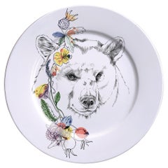 Ode to the Woods, Contemporary Porcelain Dessert Plate with Bear and Flowers