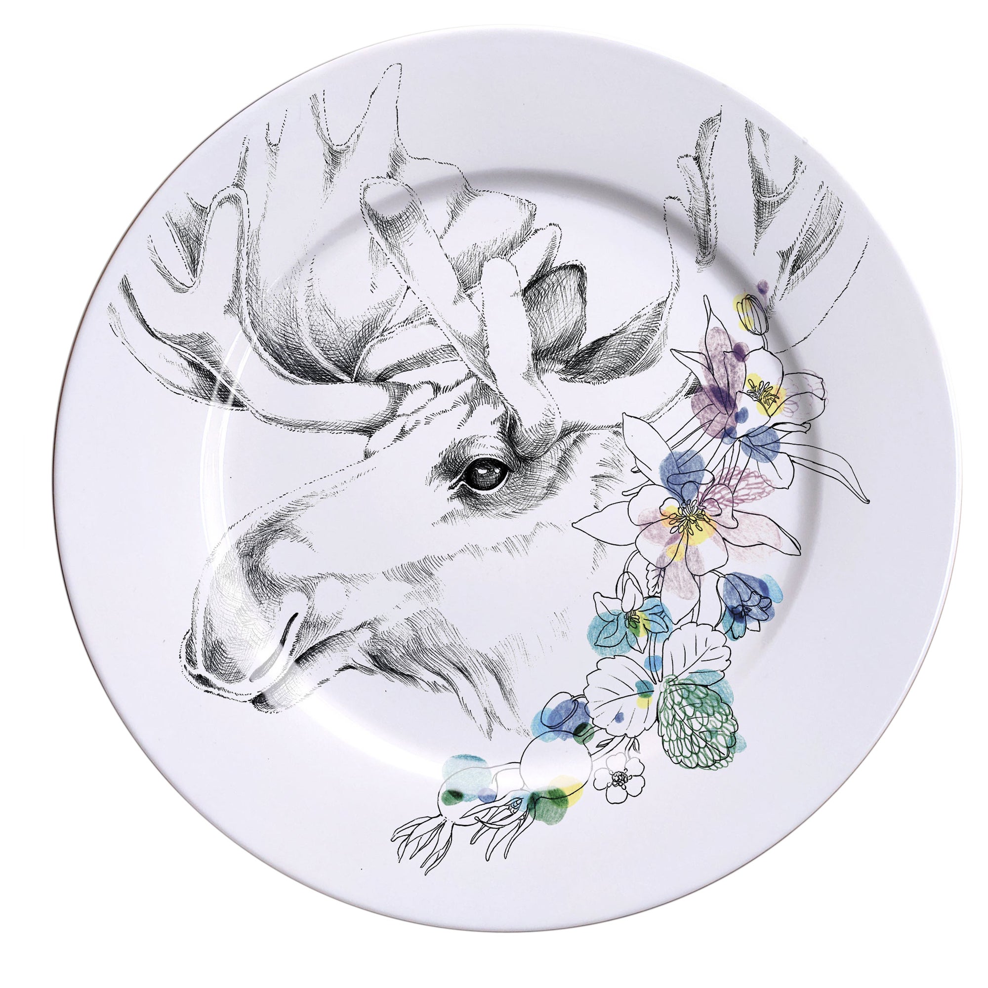 Ode à la forêt, assiette à dîner contemporaine en porcelaine, orignal et fleurs
