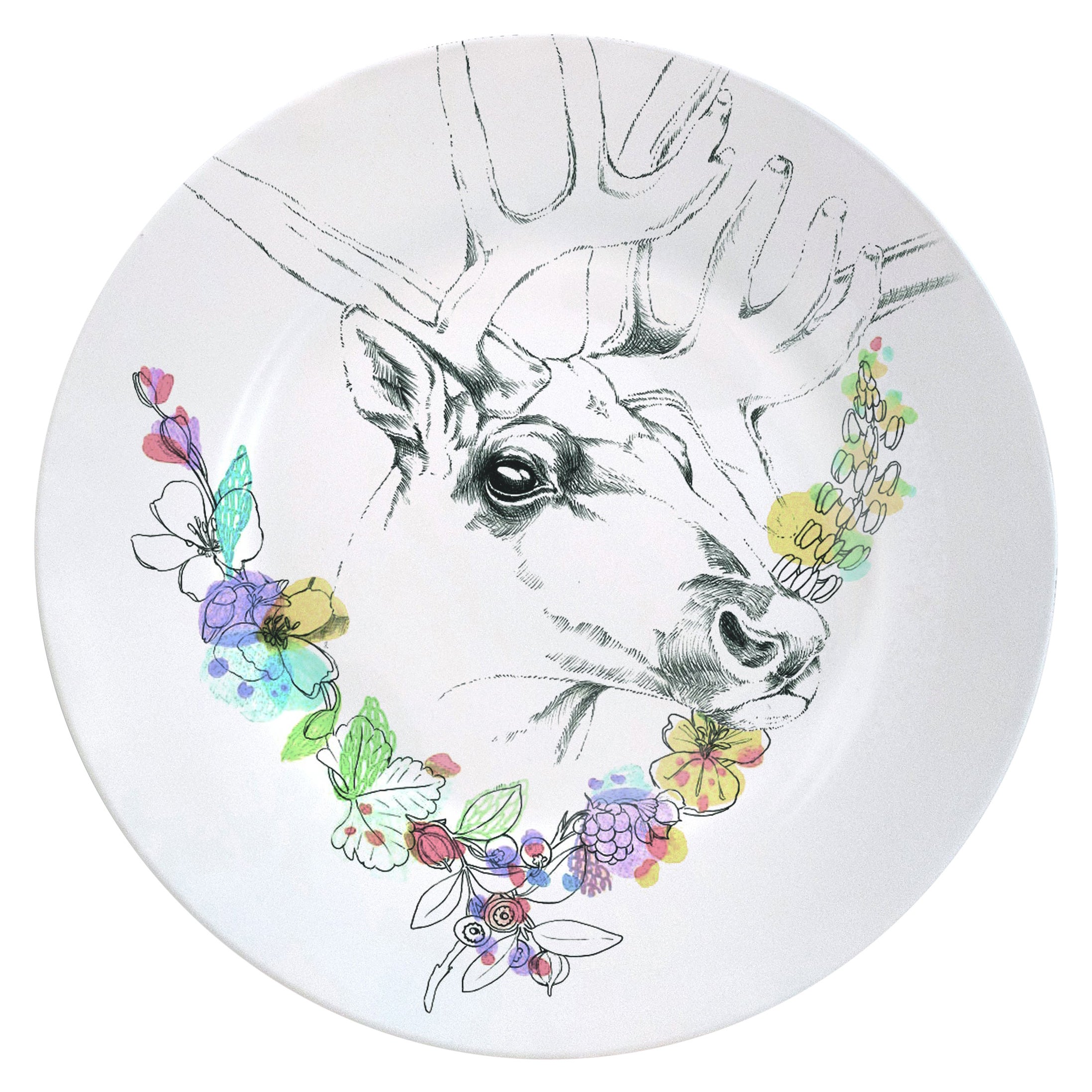 Ode to the Wood, assiette plate contemporaine en porcelaine avec caribou et fleur