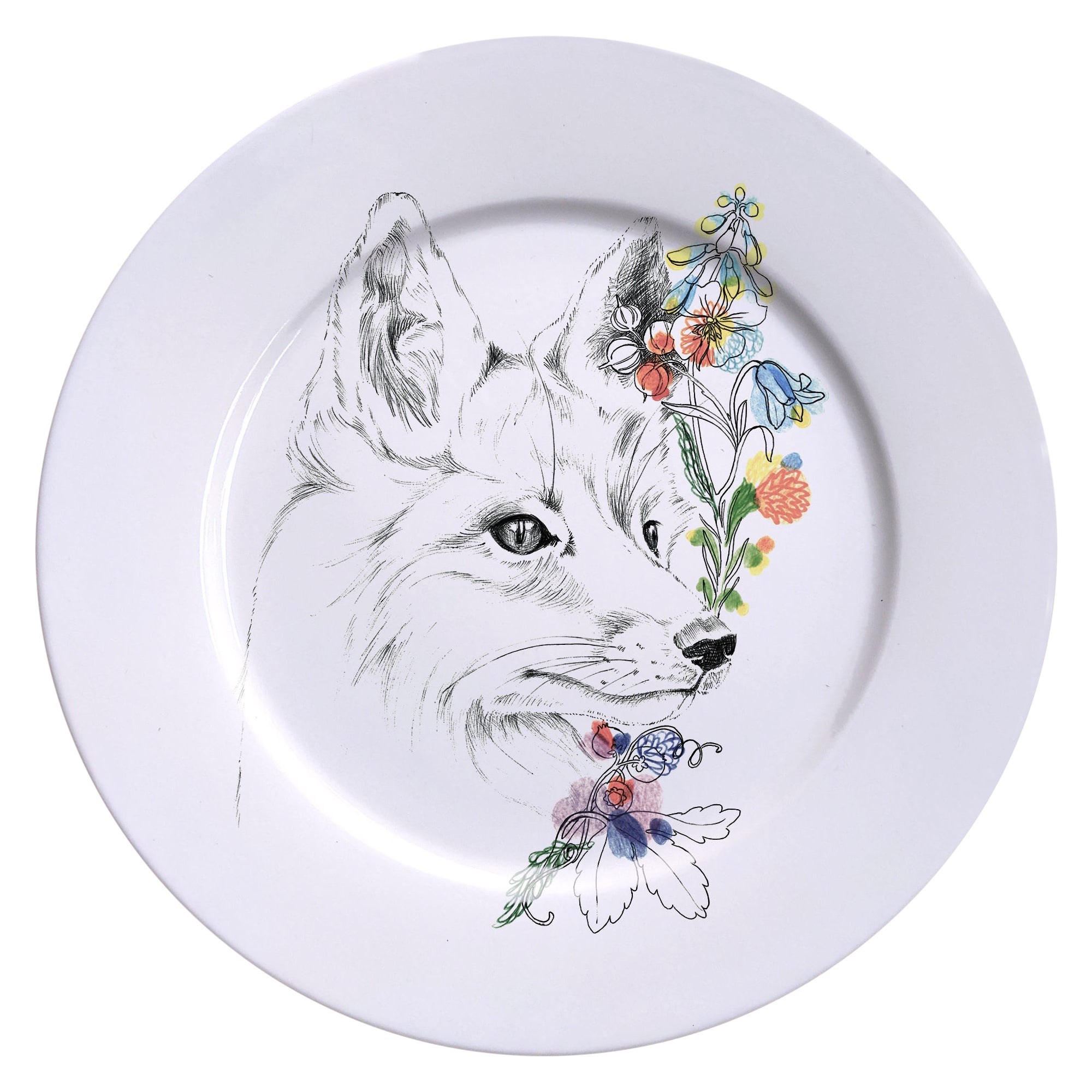 Zeitgenössischer Porzellanteller "Ode to the Woods" mit Fuchs und Blumen