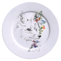 Ode to the Woods, Contemporary Porcelain Dinner Plate with Fox and Flowers