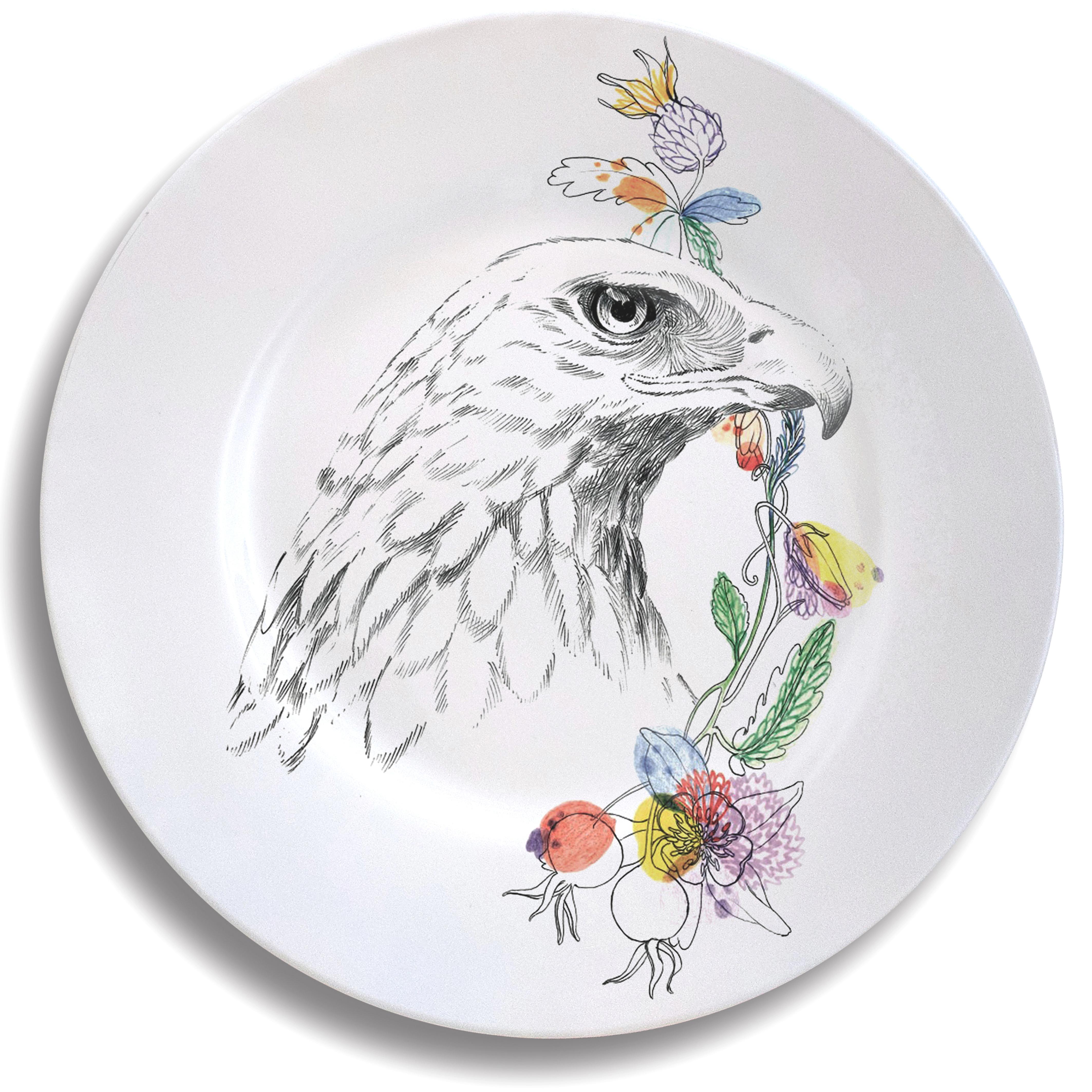 Ode to the Woods, Six Contemporary Porcelain Dinner Plates with Animals&Flowers For Sale 3