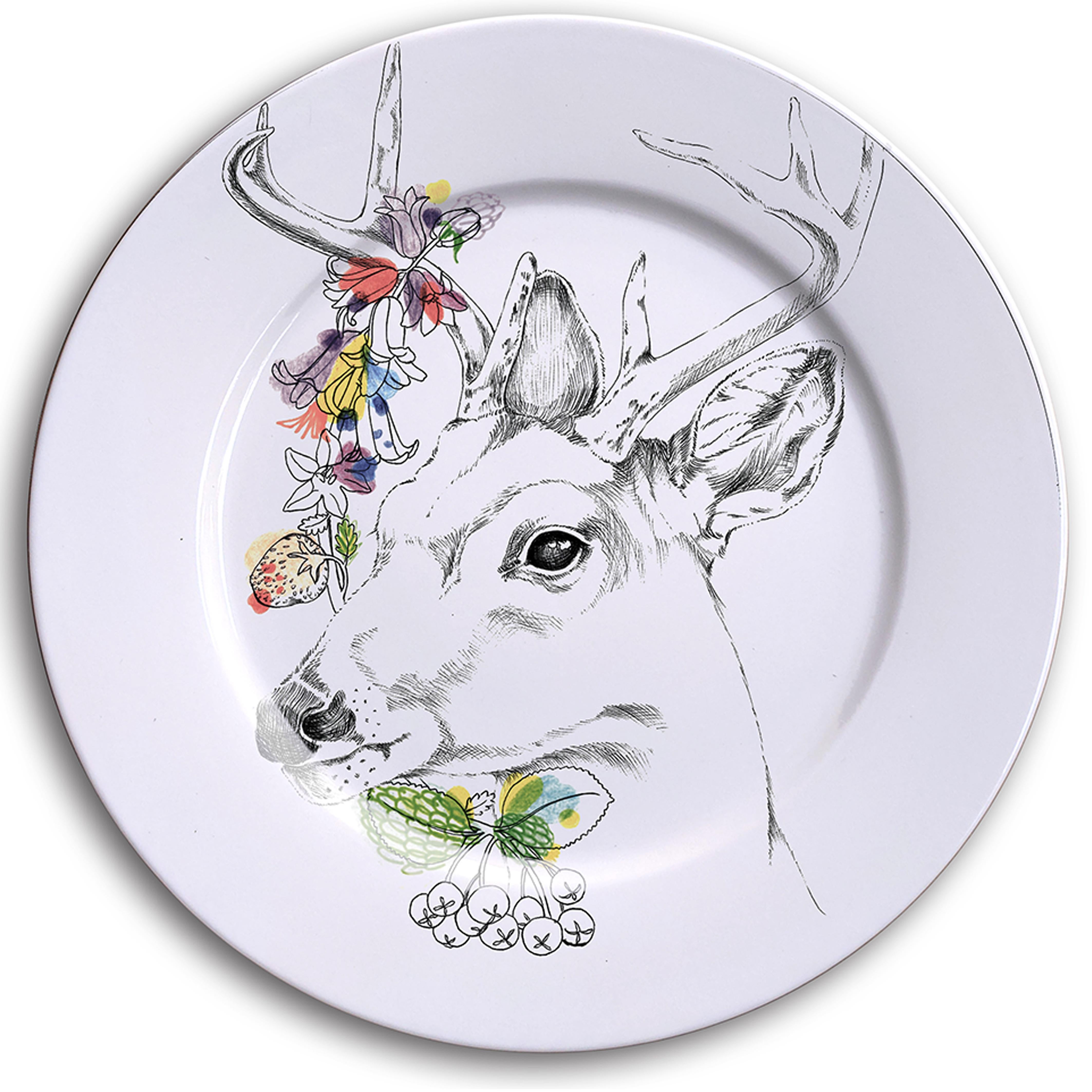 Ode to the Woods, Six Contemporary Porcelain Dinner Plates with Animals&Flowers For Sale 1