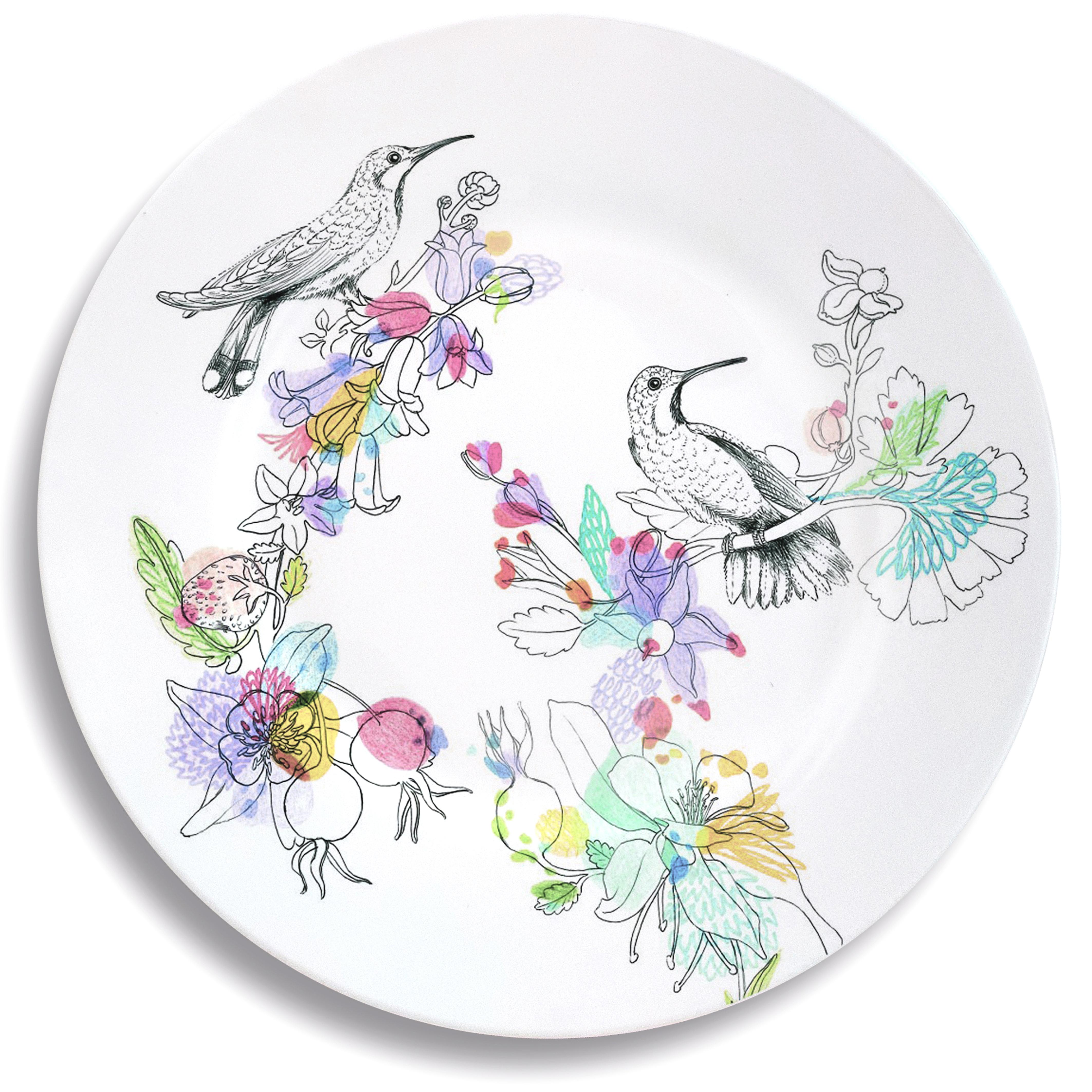 Ode to the Woods, Six Contemporary Porcelain Dinner Plates with Animals&Flowers For Sale 4