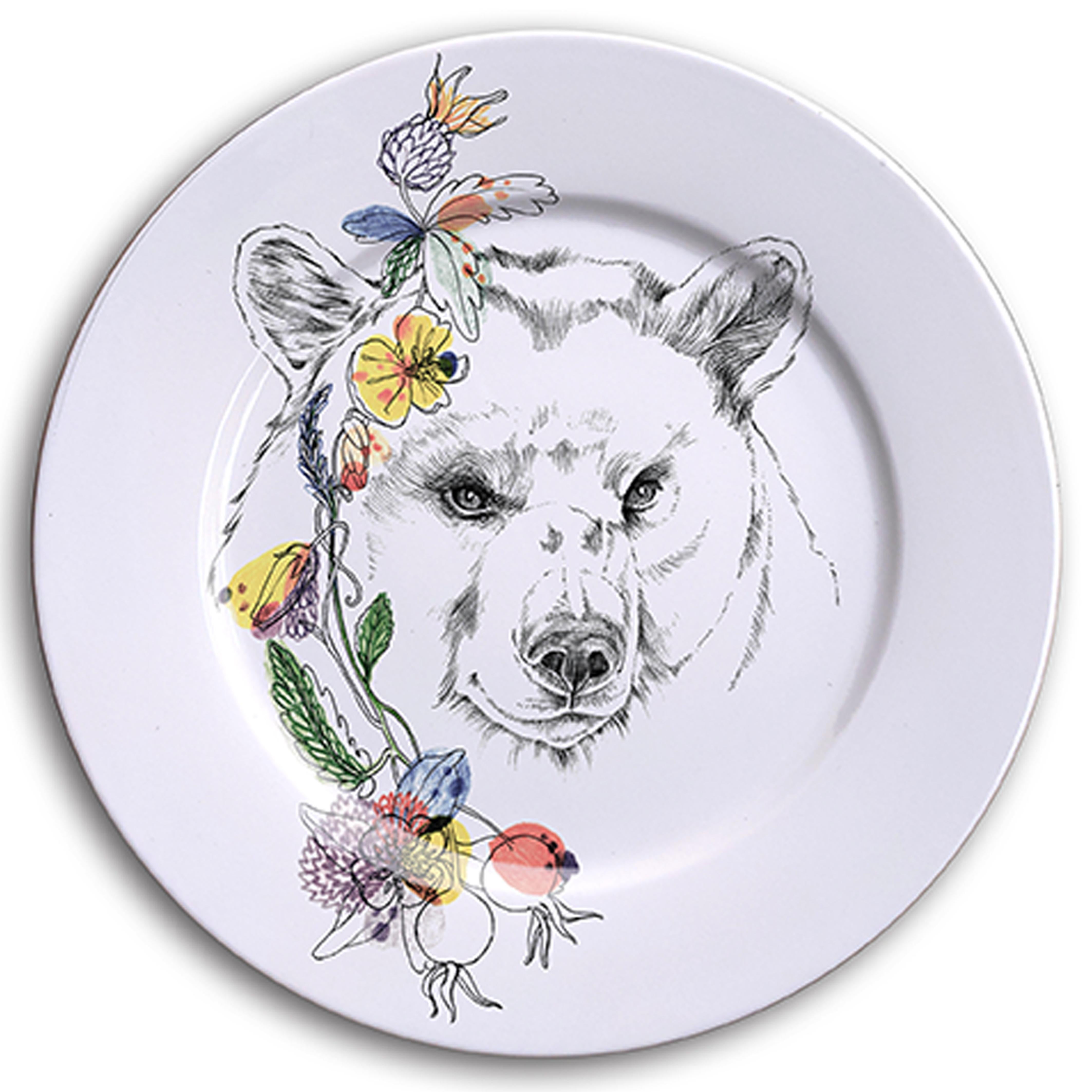 Ode to the Woods, Six Contemporary Porcelain Dinner Plates with Animals&Flowers For Sale 2