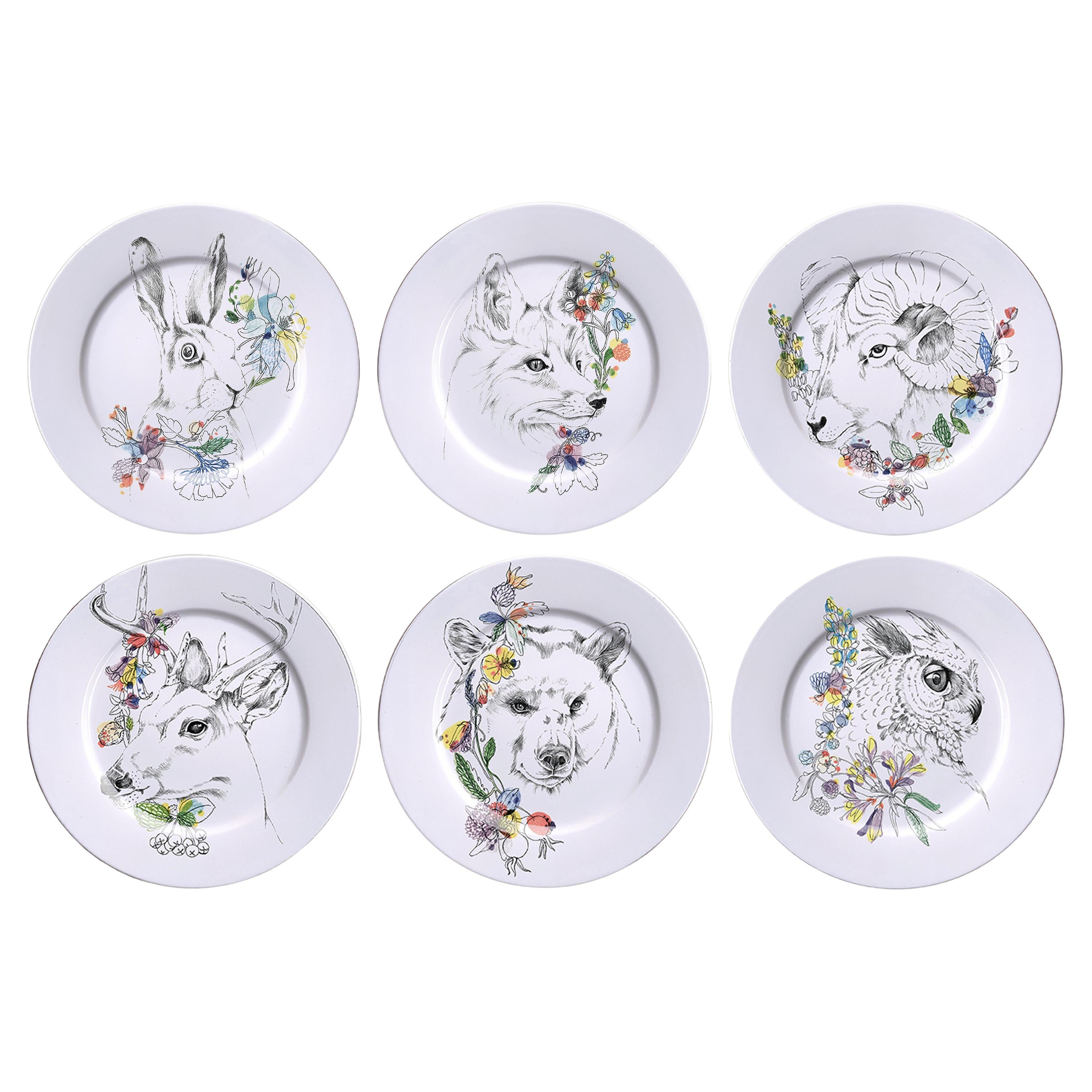 Ode to the Woods, Six Contemporary Porcelain Dinner Plates with Animals&Flowers