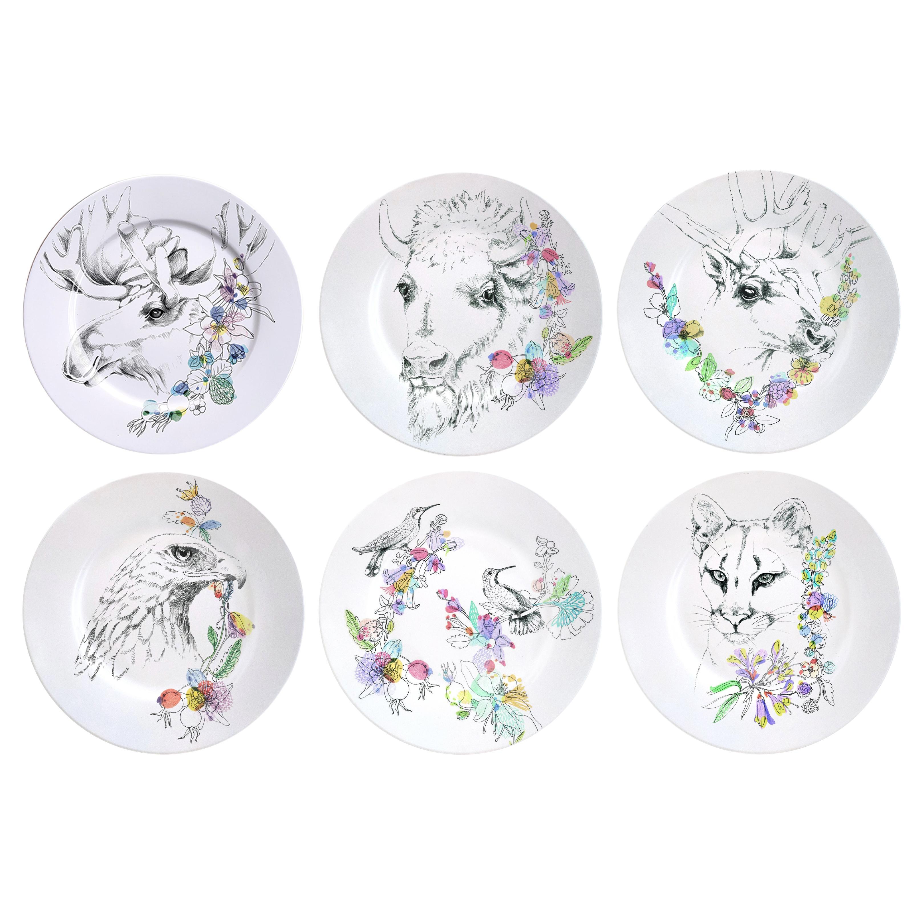 Ode to the Woods, Six Contemporary Porcelain Dinner Plates with Animals&Flowers