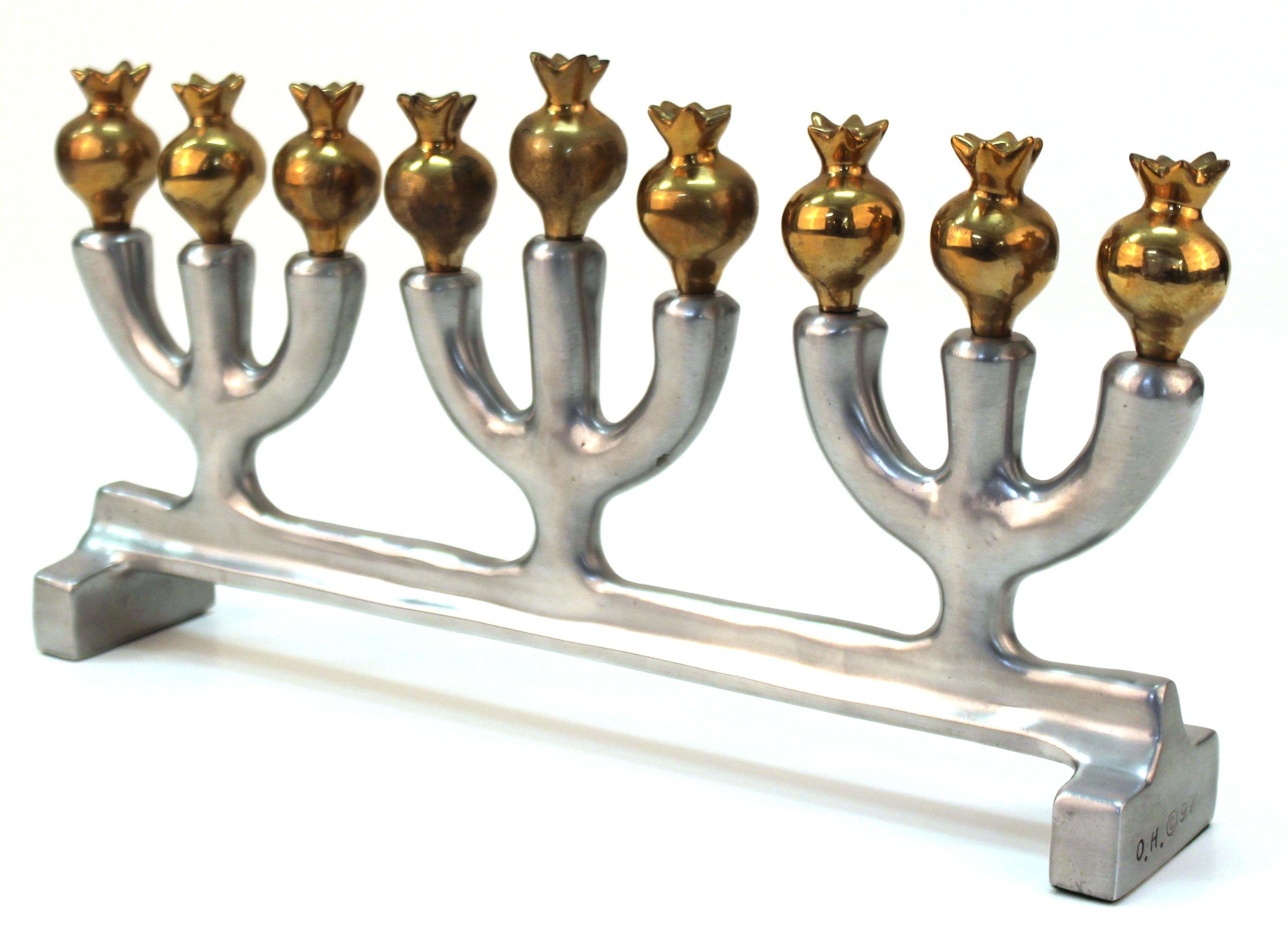 Modern bronze and cast aluminium menorah by Oded Halahmy, titled 'Peace Shalom Salaam (Study)', created in 1997. Marked by the artist and dated on the side. In great vintage condition.