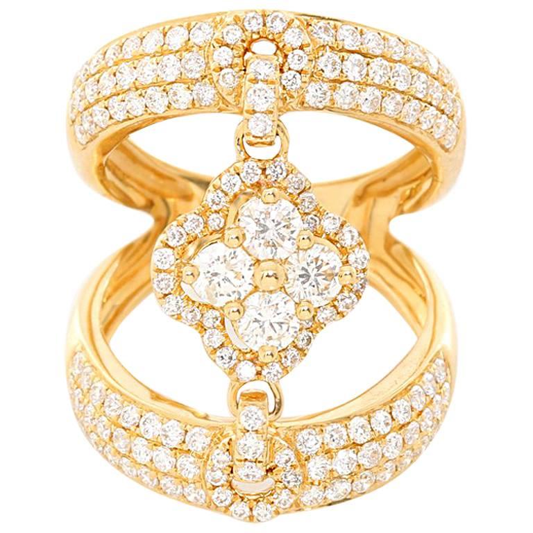 Odelia 18 Karat Yellow Gold Diamond Pave Clover Double Band Ring