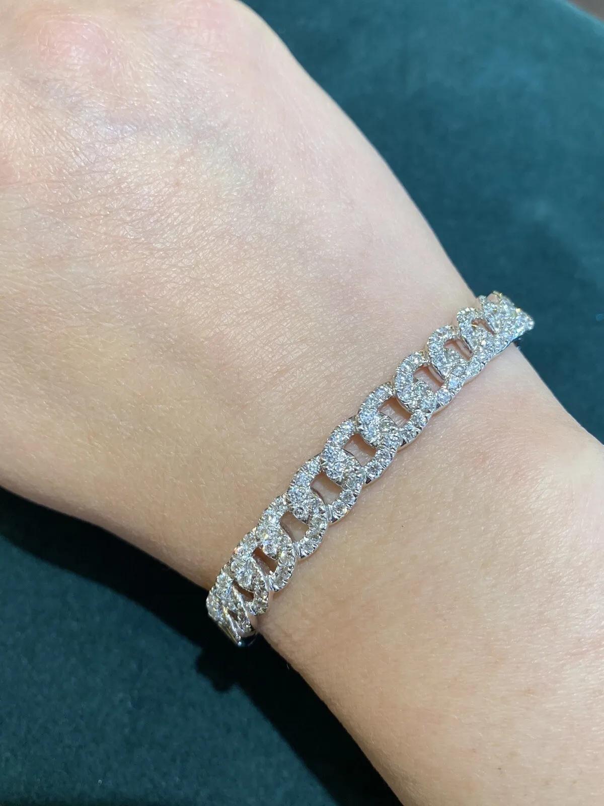 Odelia Diamond Curb Link Bangle Bracelet 2.79 Carats in 18k White Gold For Sale 2