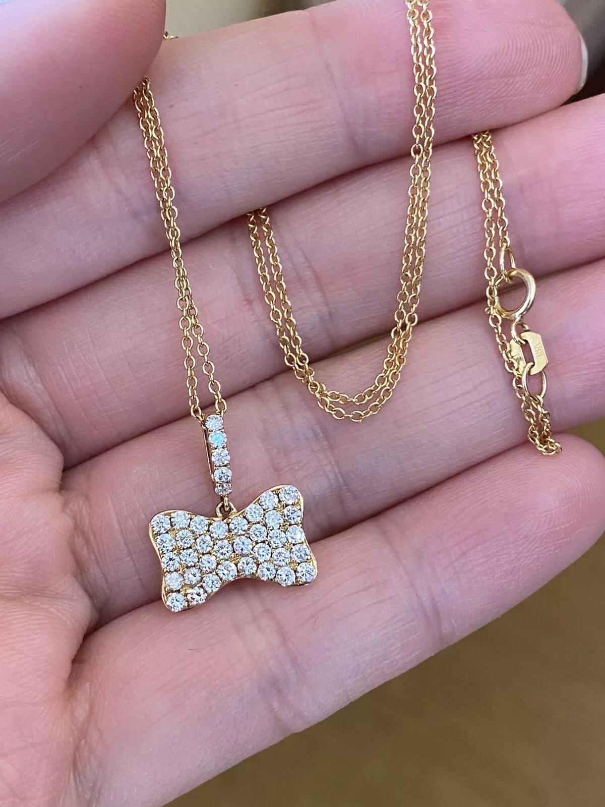 Round Cut ODELIA Diamond Pave Bow Pendant Necklace in 18k Yellow Gold For Sale