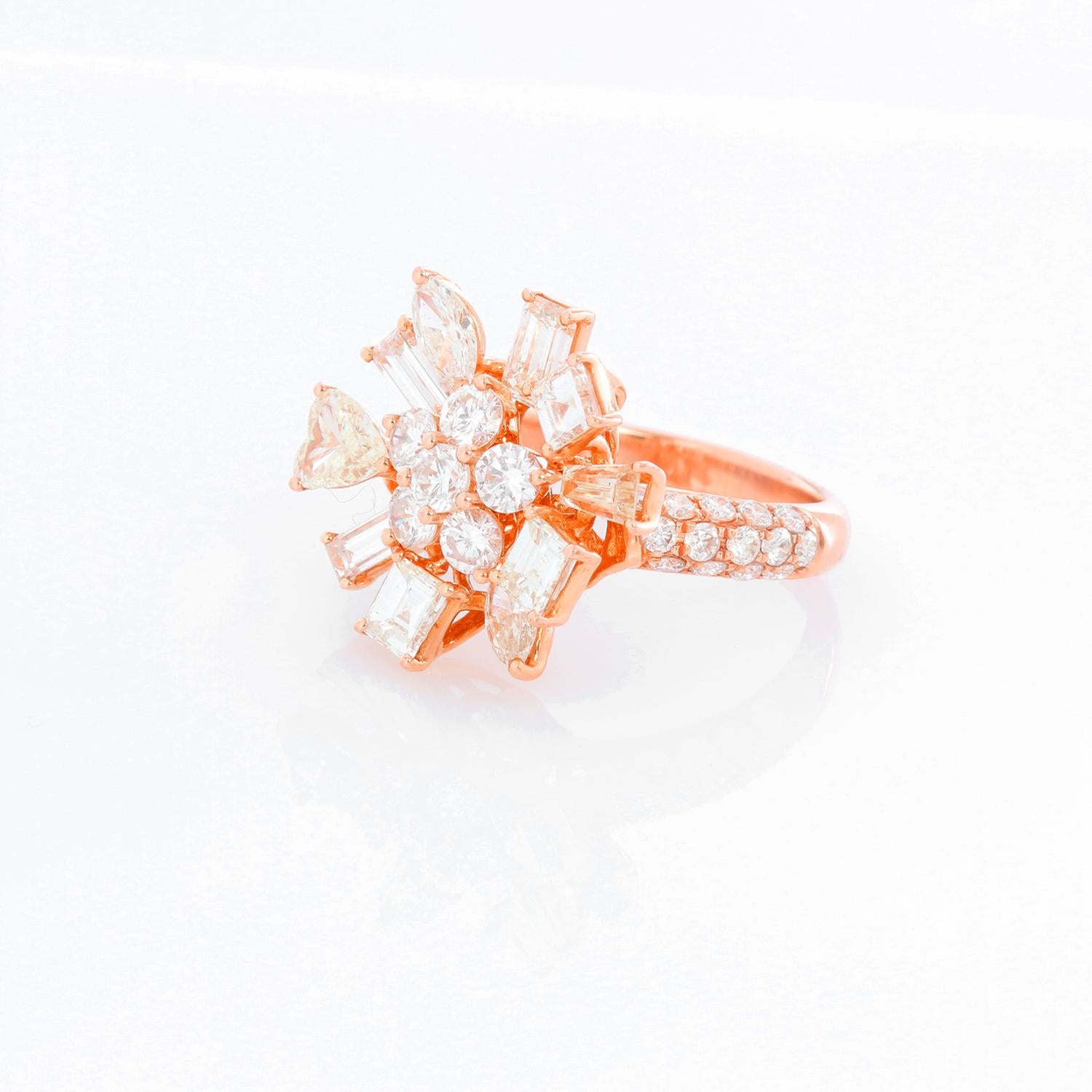 Odelia One of a Kind 18K Rose Gold Diamond Ring Size 7 - Featuring 3.72 cts of diamonds set in 18K Rose gold. This beautiful ring features different shape diamonds surrounding a flower. There are heart, marquis , baguette and round brilliant cut