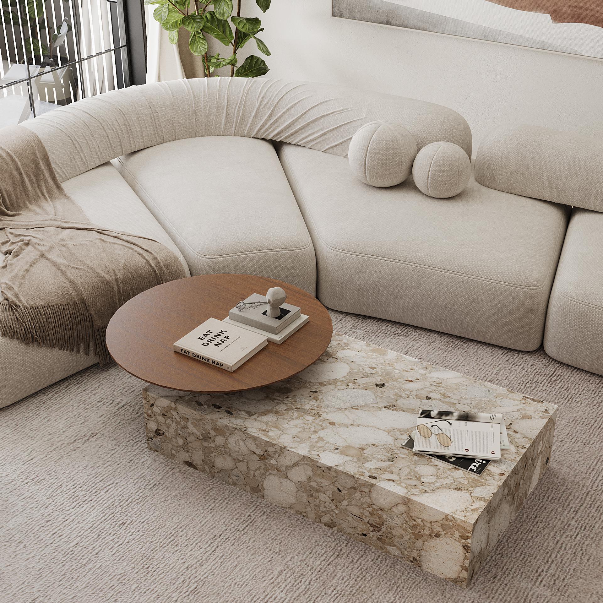 Une table basse moderne et élégante avec une base luxueuse en marbre et un plateau rond lisse et allongé. Naturelle pour ajouter une touche de sophistication à votre espace de vie, cette pièce combine le marbre naturel avec le bois résultant en un