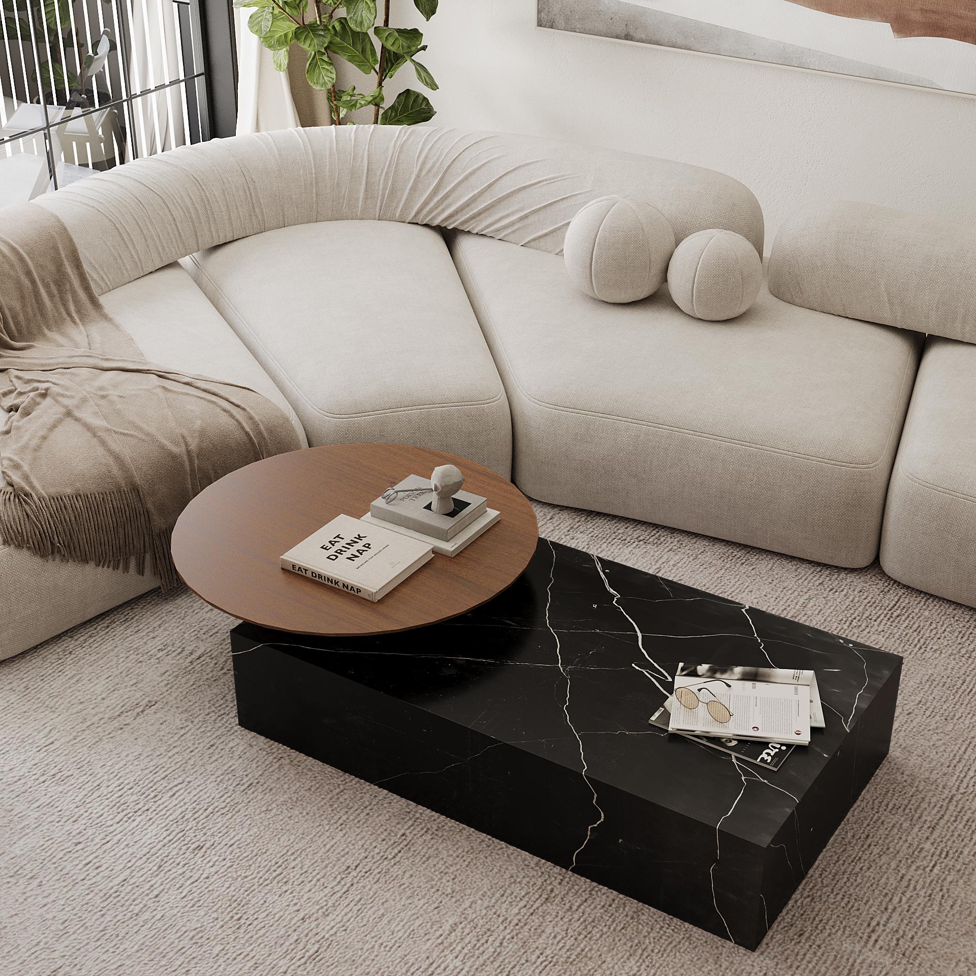 Une table basse moderne et élégante avec une base luxueuse en marbre et un plateau rond lisse et allongé. Naturelle pour ajouter une touche de sophistication à votre espace de vie, cette pièce combine le marbre naturel avec le bois résultant en un
