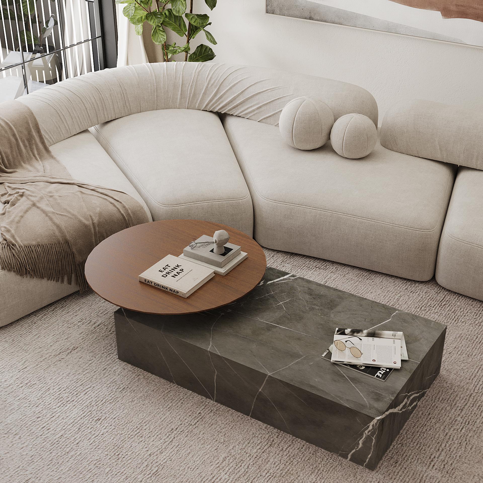A sleek, modern coffee table with a luxurious marble base and a smooth extended round top. Ideal for adding a touch of sophistication to your living space, this piece combines natural marble with wood resulting in a contrast that perfectly blends