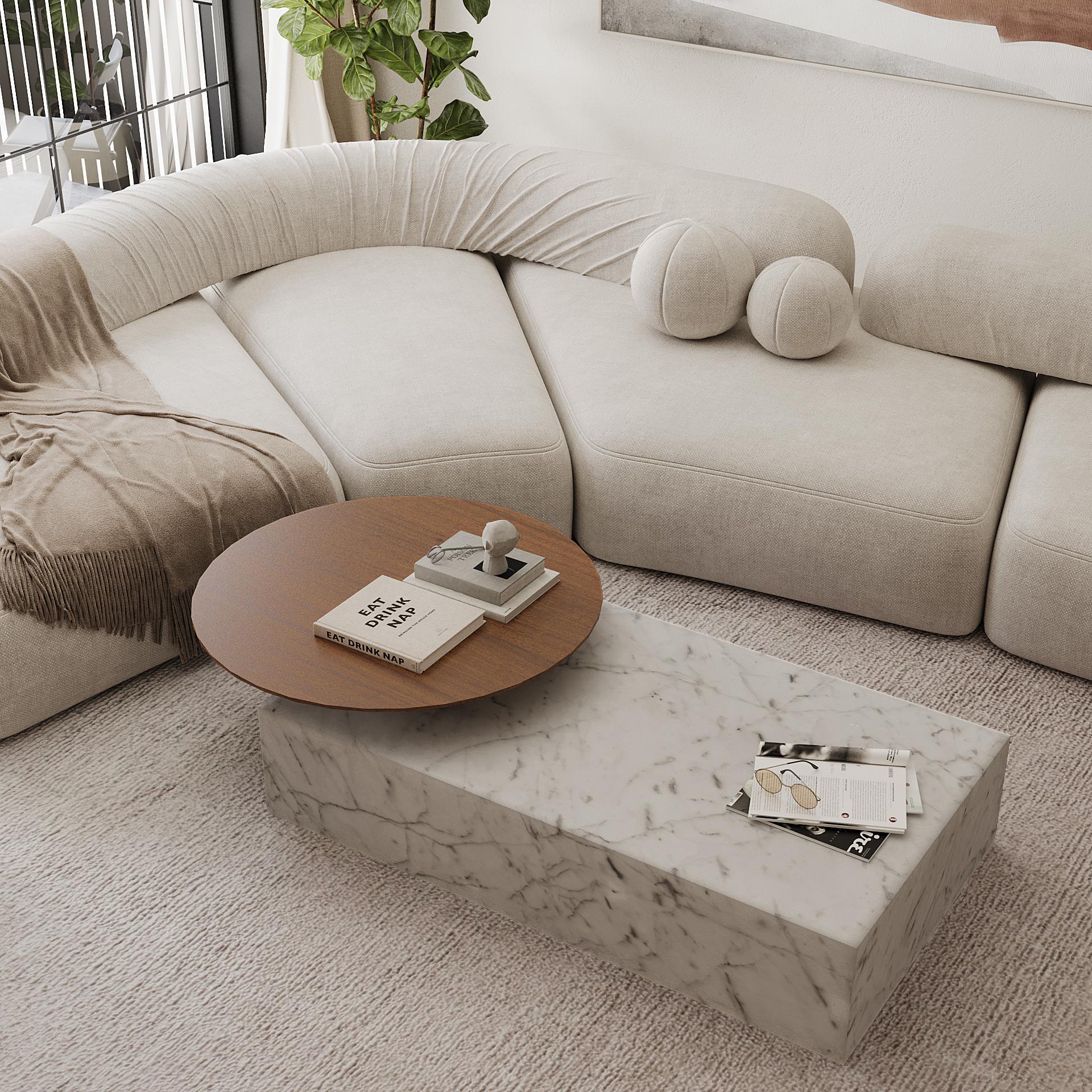 Une table basse moderne et élégante avec une base luxueuse en marbre et un plateau rond lisse et allongé. Naturelle pour ajouter une touche de sophistication à votre espace de vie, cette pièce combine le marbre naturel avec le bois résultant en un