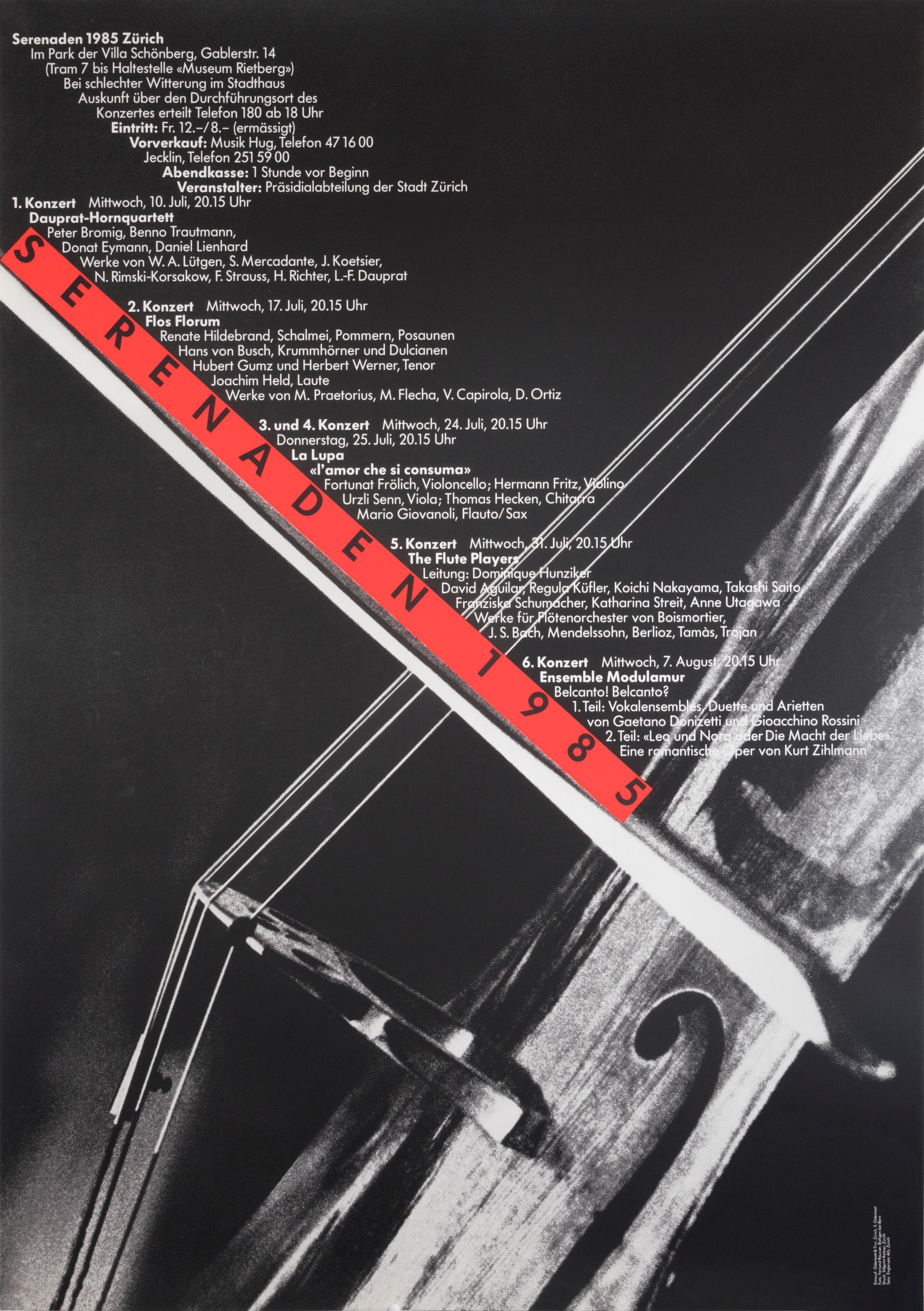 "Serenaden 1985" Swiss Post Modern Music Festival Cello Original Vintage Poster - Print by Odermatt & Tissi