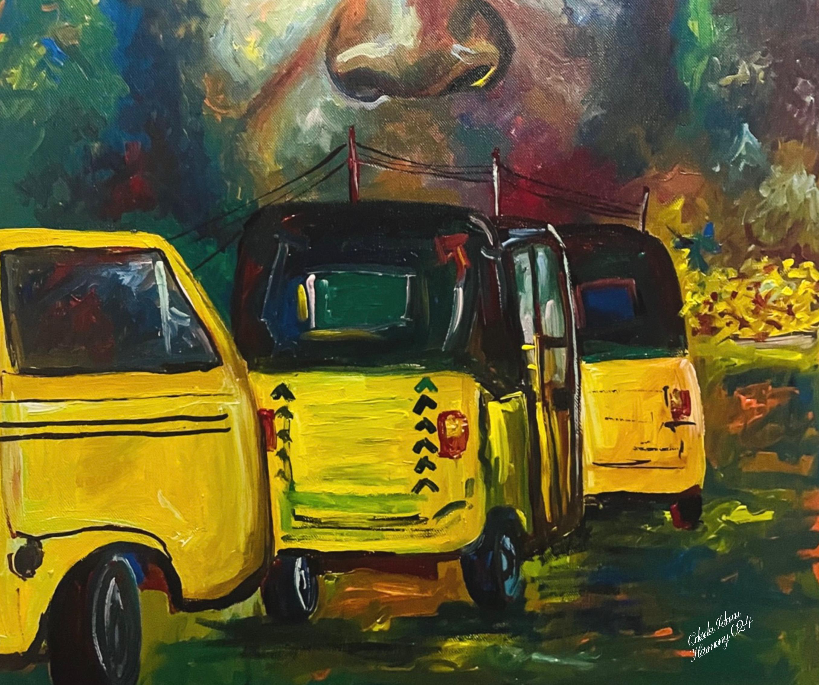 Expectation - 21. Jahrhundert, Zeitgenössisch, Figuratives Porträt, Menschen, Dreiräder (Grau), Portrait Painting, von Odesola Idowu