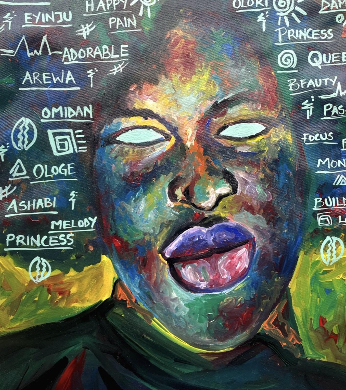 Irradia un tapiz emocional de autoaceptación y resiliencia. El rostro vívido y texturizado, rodeado de afirmaciones y símbolos, evoca una sensación de fuerza por debajo de la vulnerabilidad. Palabras como Amor, Reina y Dolor reflejan la dualidad de