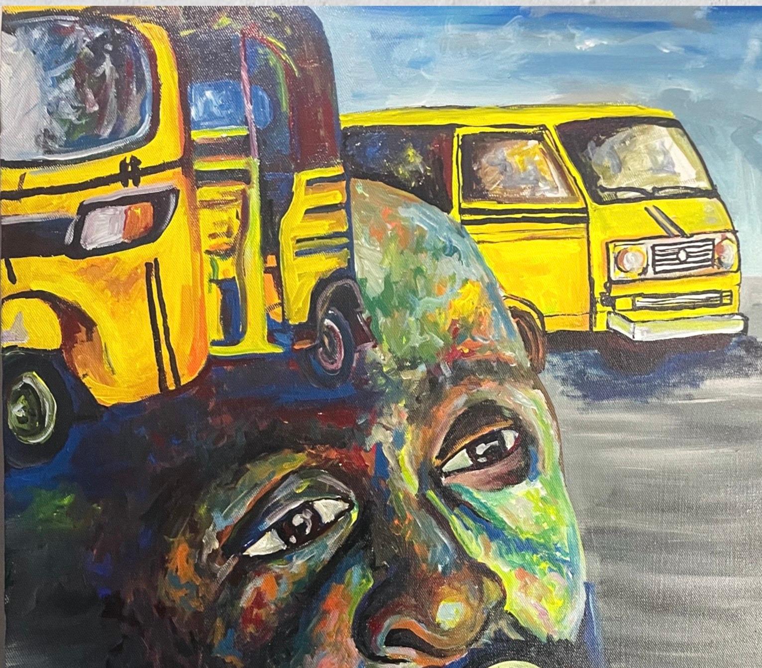 Überleben - 21. Jahrhundert, Zeitgenössisch, Figuratives Porträt, Männer, Bus – Painting von Odesola Idowu